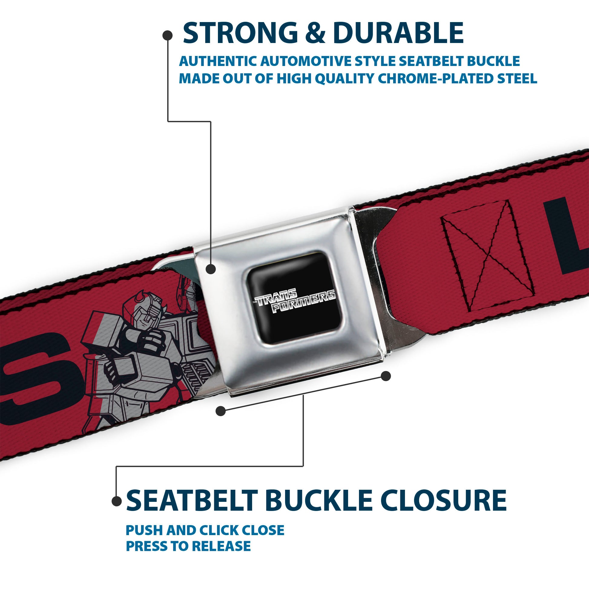 TRANSFORMERS Title Logo Full Color Black/Grays Seatbelt Belt - TRANSFORMERS Optimus Prime and Bumblebee LET'S ROLL Pose Red/Black Webbing Seatbelt Belts Transformers