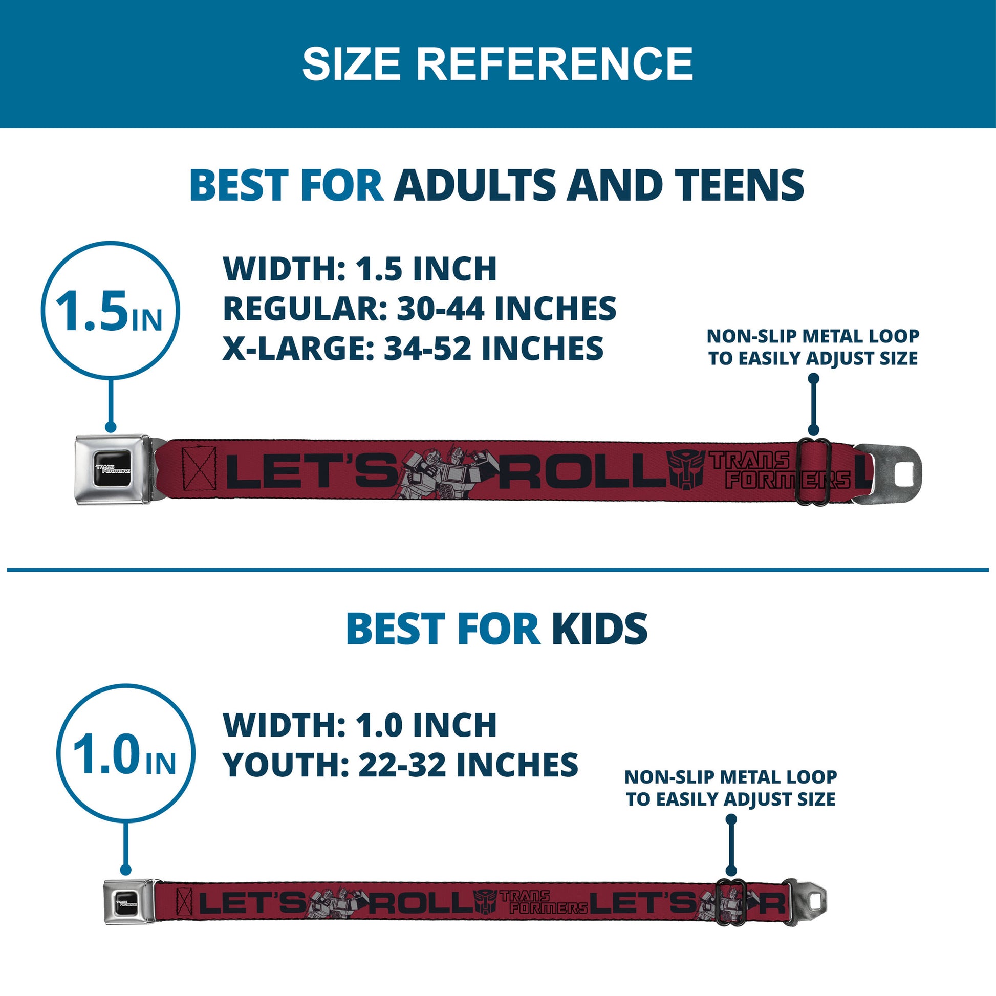 TRANSFORMERS Title Logo Full Color Black/Grays Seatbelt Belt - TRANSFORMERS Optimus Prime and Bumblebee LET'S ROLL Pose Red/Black Webbing Seatbelt Belts Transformers