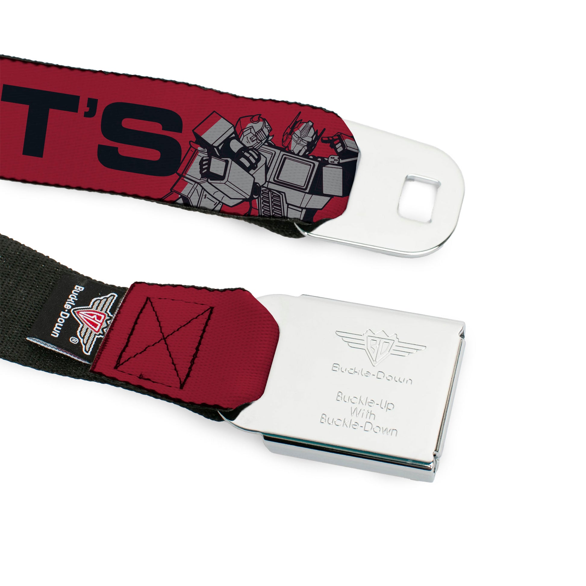 TRANSFORMERS Title Logo Full Color Black/Grays Seatbelt Belt - TRANSFORMERS Optimus Prime and Bumblebee LET'S ROLL Pose Red/Black Webbing Seatbelt Belts Transformers