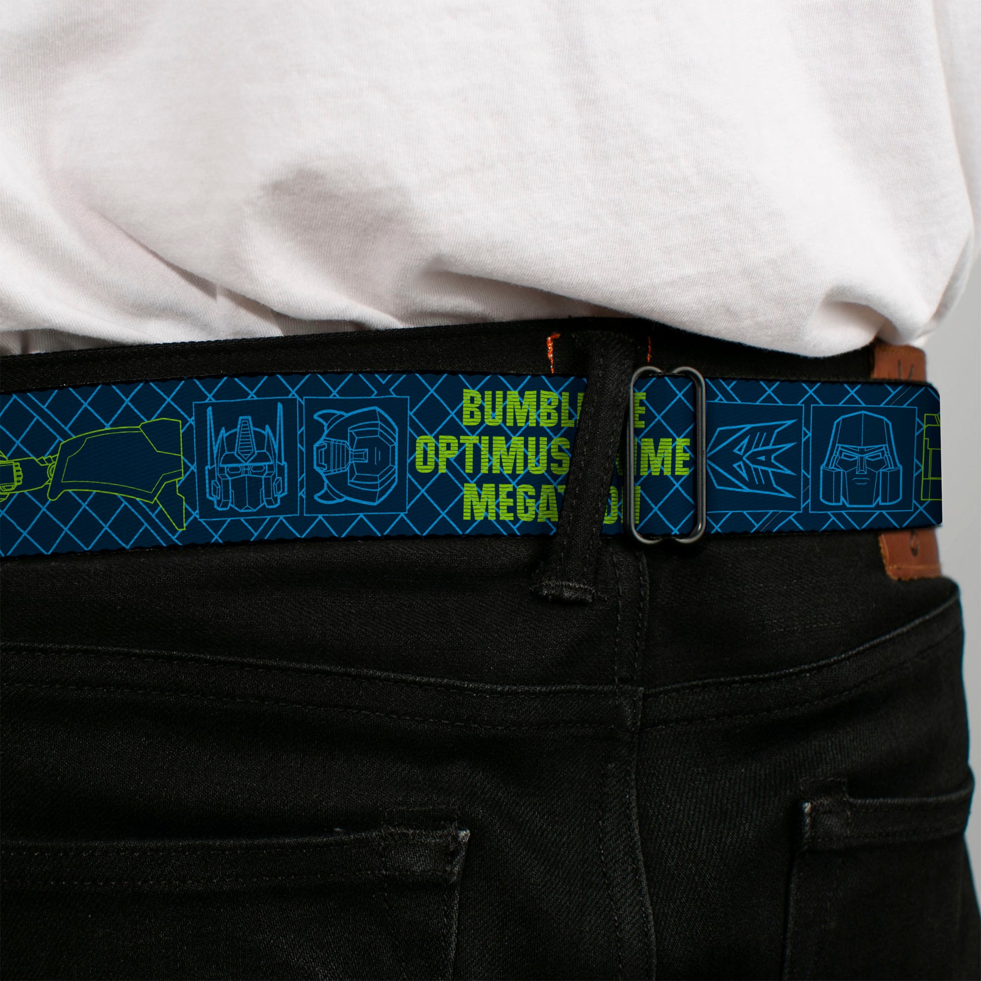 TRANSFORMERS Title Logo Full Color Black/Grays Seatbelt Belt - Transformers Character Trio Text and Faces Blues/Yellows Webbing Seatbelt Belts Transformers