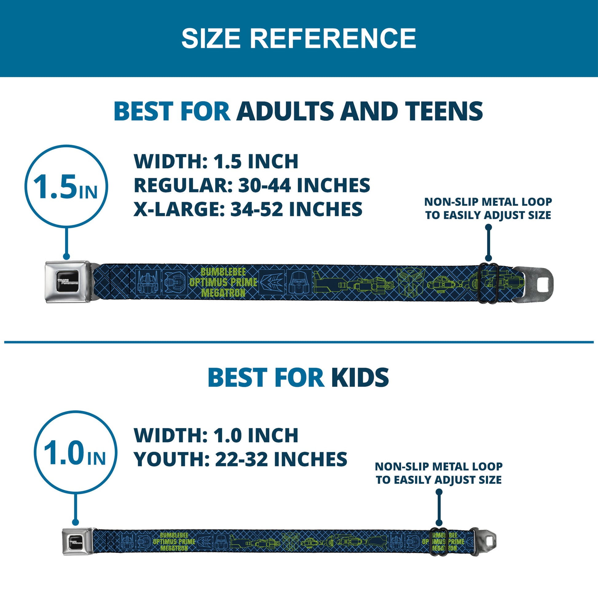 TRANSFORMERS Title Logo Full Color Black/Grays Seatbelt Belt - Transformers Character Trio Text and Faces Blues/Yellows Webbing Seatbelt Belts Transformers