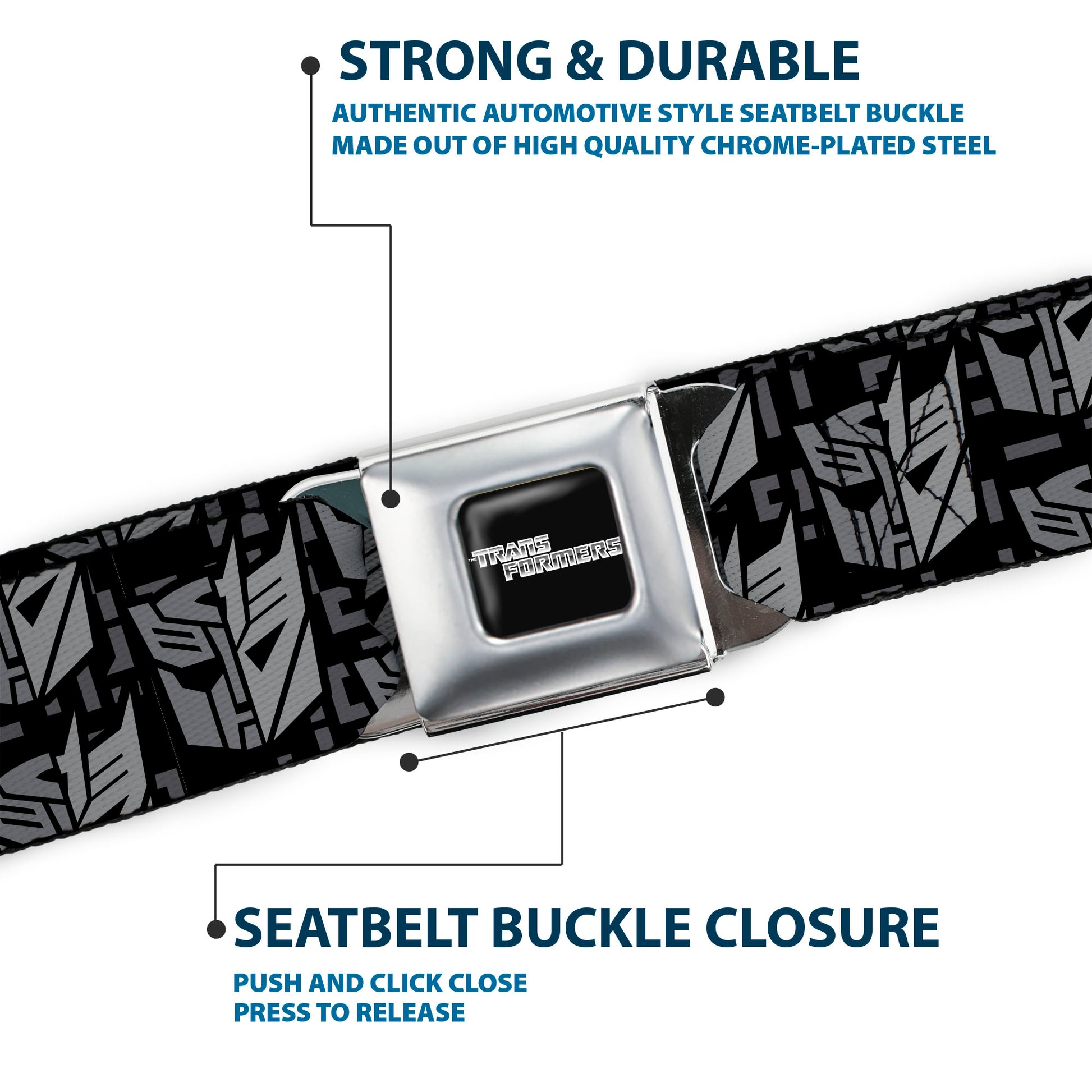 TRANSFORMERS Title Logo Full Color Black/Grays Seatbelt Belt - Transformers Autobot Decepticon Icon Split Black/Grays Webbing Seatbelt Belts Transformers