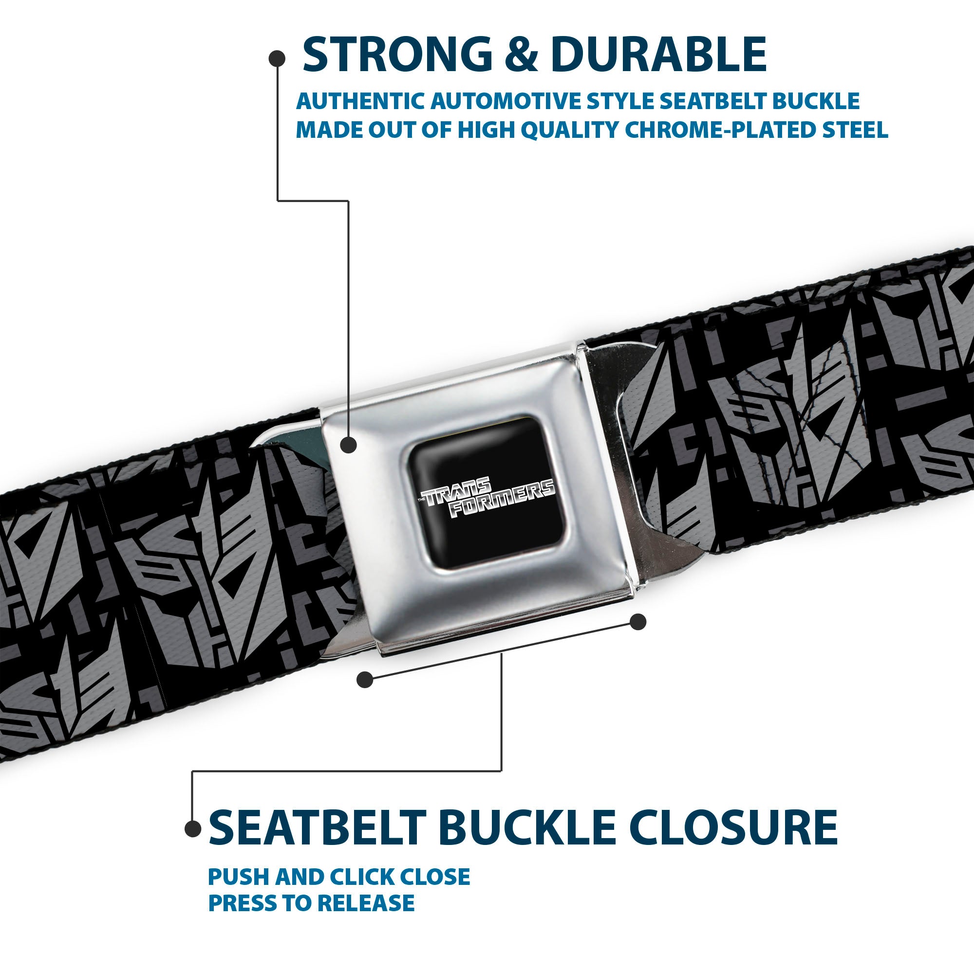 TRANSFORMERS Title Logo Full Color Black/Grays Seatbelt Belt - Transformers Autobot Decepticon Icon Split Black/Grays Webbing Seatbelt Belts Transformers