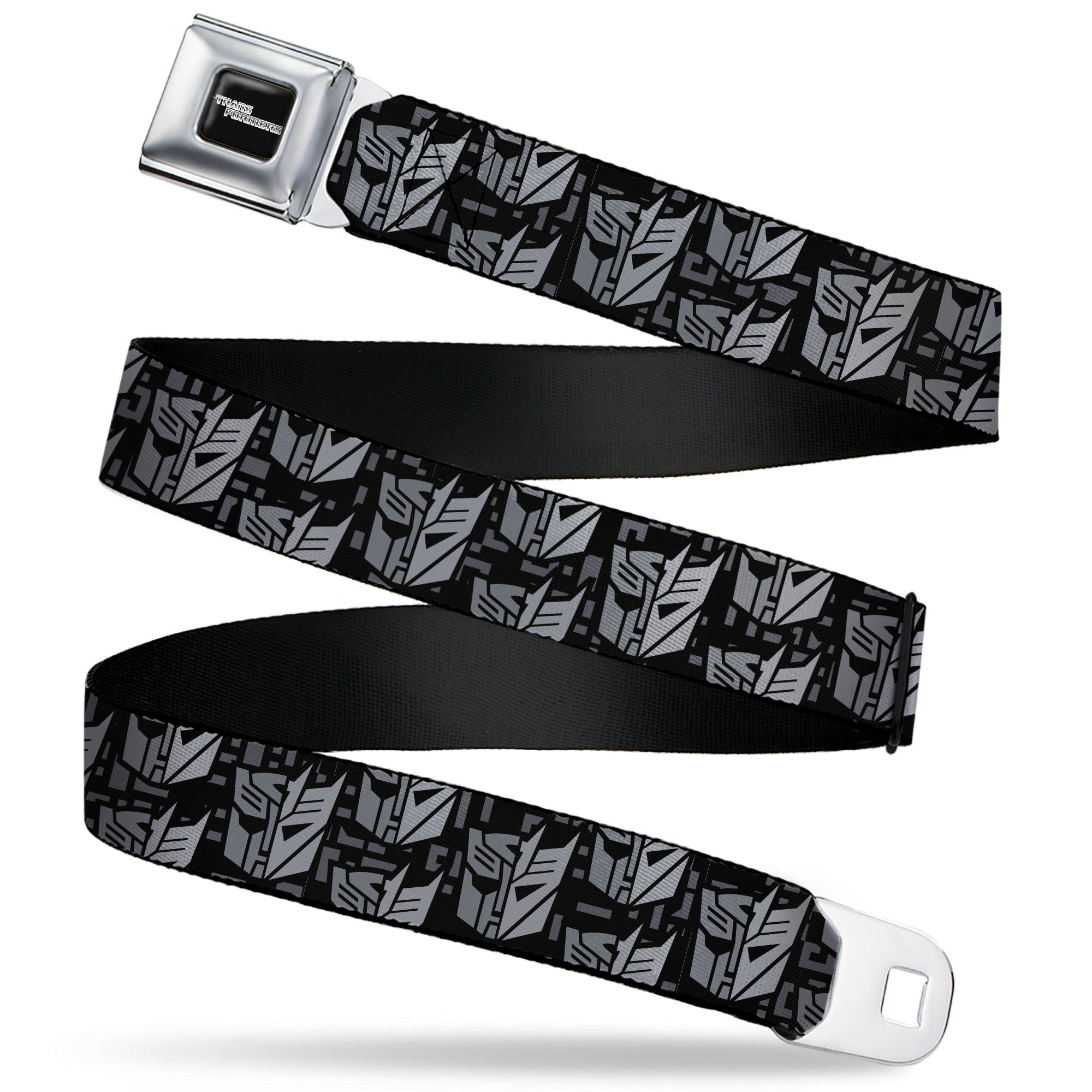 TRANSFORMERS Title Logo Full Color Black/Grays Seatbelt Belt - Transformers Autobot Decepticon Icon Split Black/Grays Webbing Seatbelt Belts Transformers