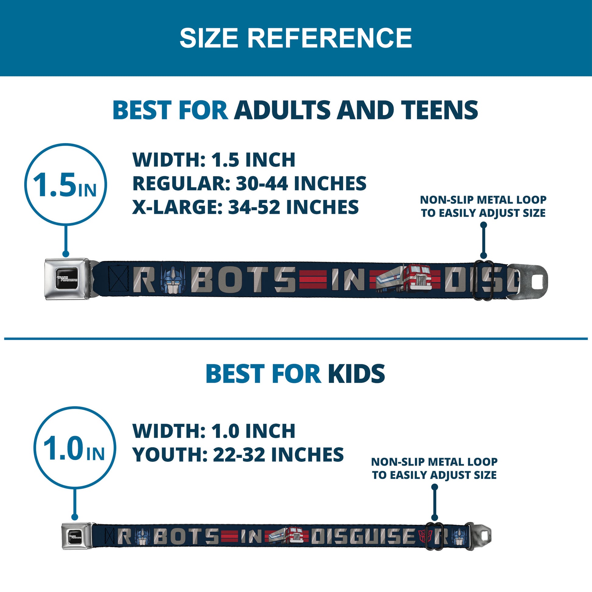 TRANSFORMERS Title Logo Full Color Black/Grays Seatbelt Belt - Transformers Optimus Prime ROBOTS IN DISGUISE Icons Blue/Reds Webbing Seatbelt Belts Transformers