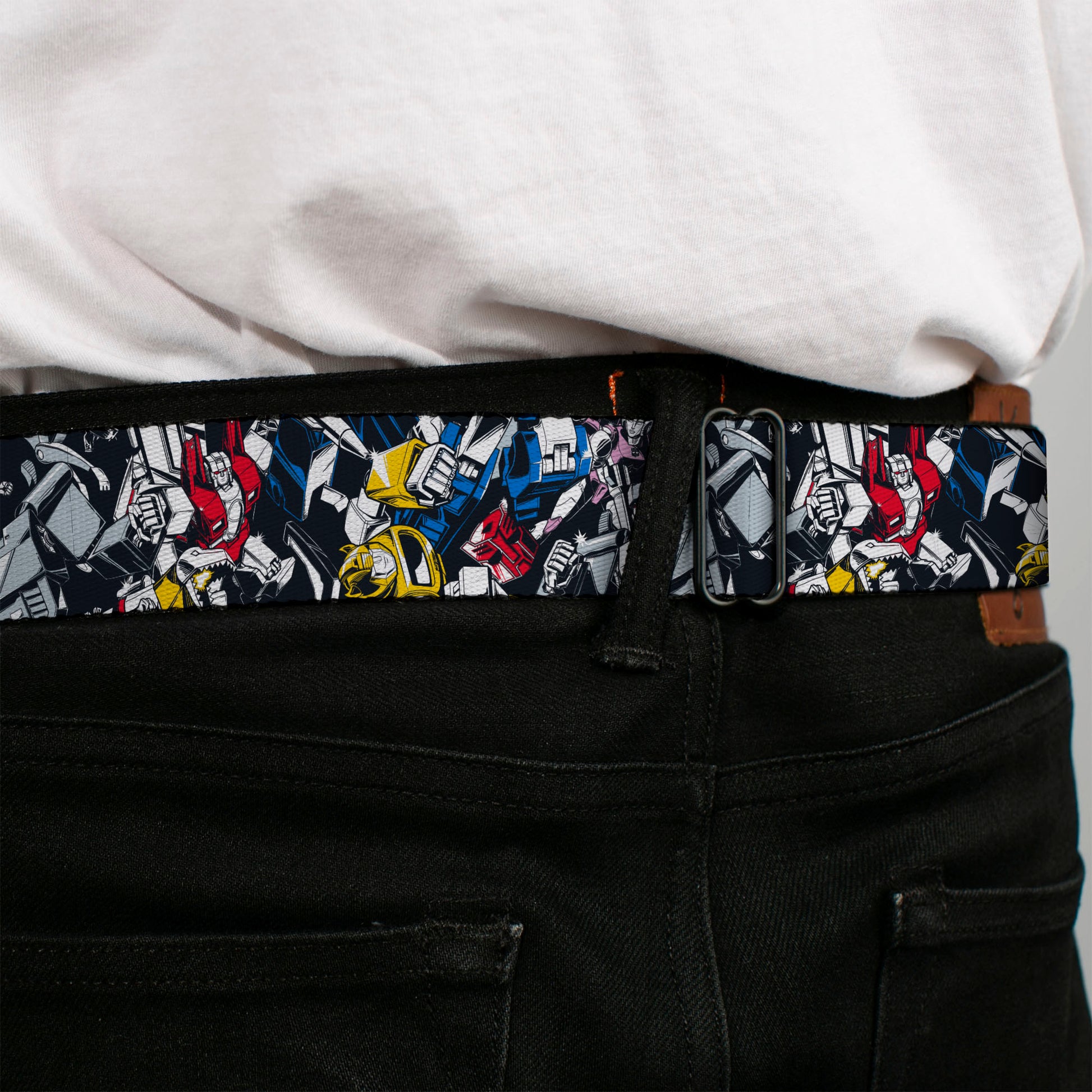 TRANSFORMERS Title Logo Full Color Black/Grays Seatbelt Belt - Transformers Autobot and Decepticon Robots and Alternate Modes Collage Webbing Seatbelt Belts Transformers