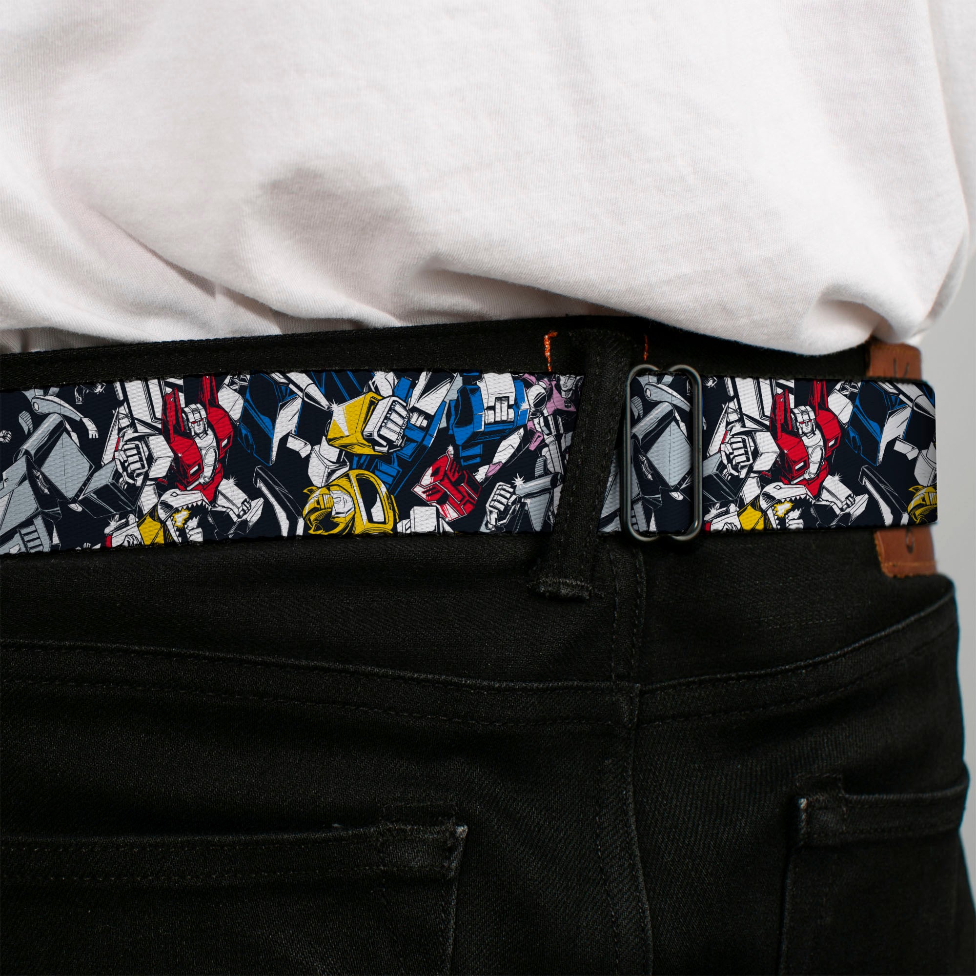 TRANSFORMERS Title Logo Full Color Black/Grays Seatbelt Belt - Transformers Autobot and Decepticon Robots and Alternate Modes Collage Webbing Seatbelt Belts Transformers