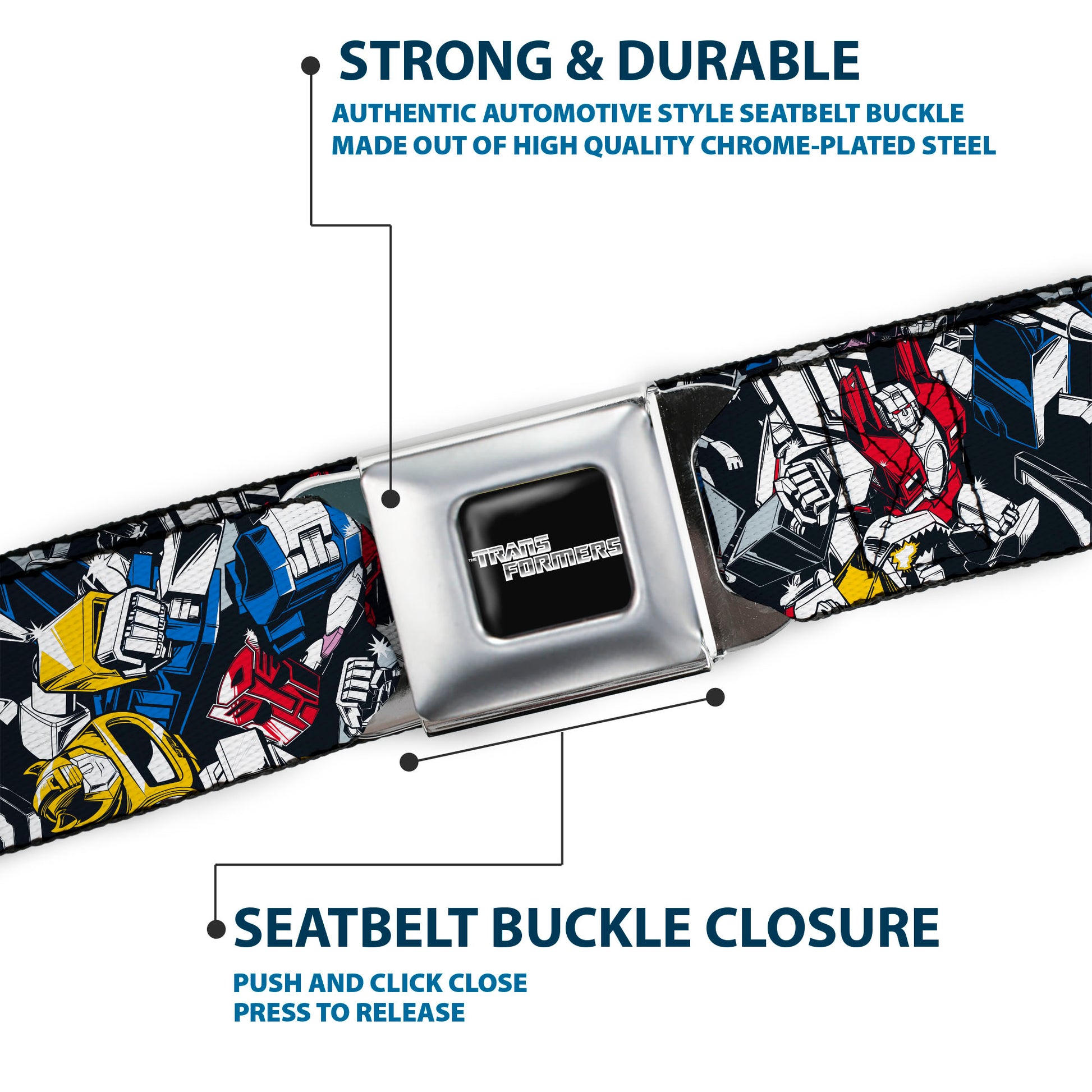 TRANSFORMERS Title Logo Full Color Black/Grays Seatbelt Belt - Transformers Autobot and Decepticon Robots and Alternate Modes Collage Webbing Seatbelt Belts Transformers