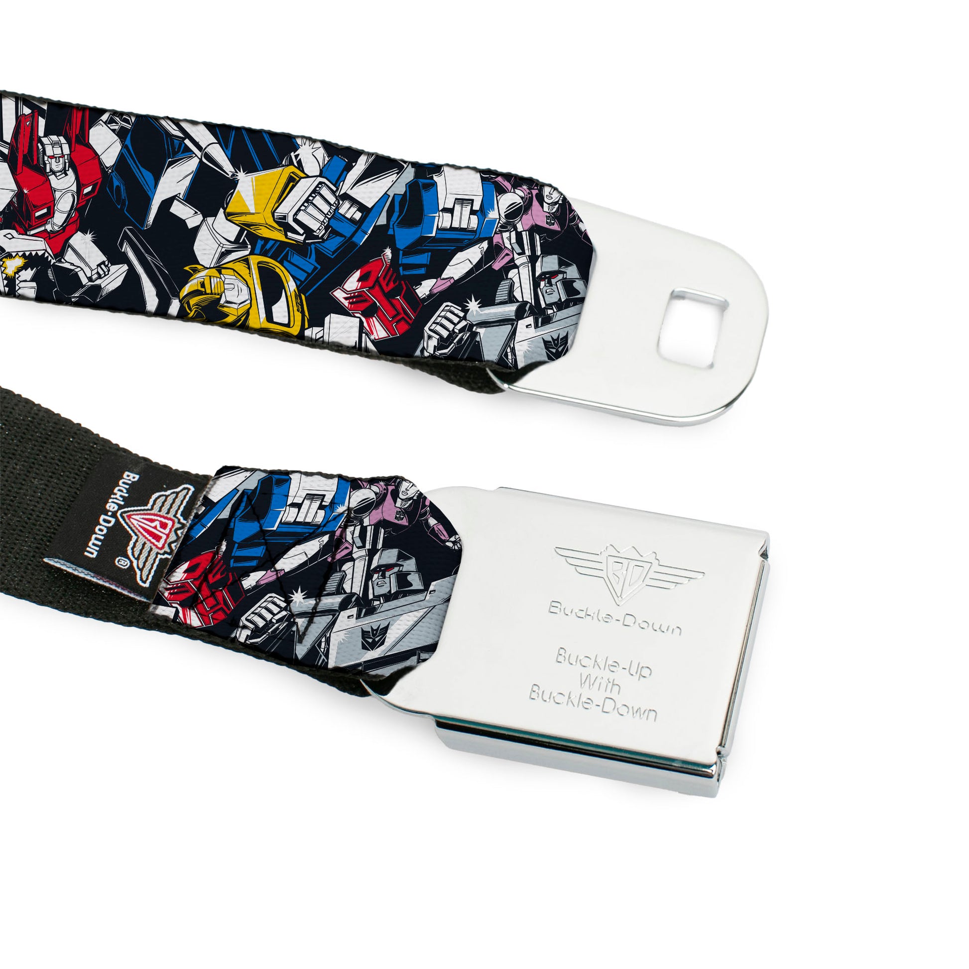 TRANSFORMERS Title Logo Full Color Black/Grays Seatbelt Belt - Transformers Autobot and Decepticon Robots and Alternate Modes Collage Webbing Seatbelt Belts Transformers