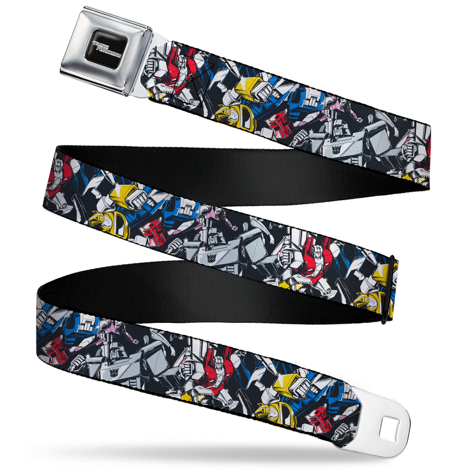 TRANSFORMERS Title Logo Full Color Black/Grays Seatbelt Belt - Transformers Autobot and Decepticon Robots and Alternate Modes Collage Webbing Seatbelt Belts Transformers
