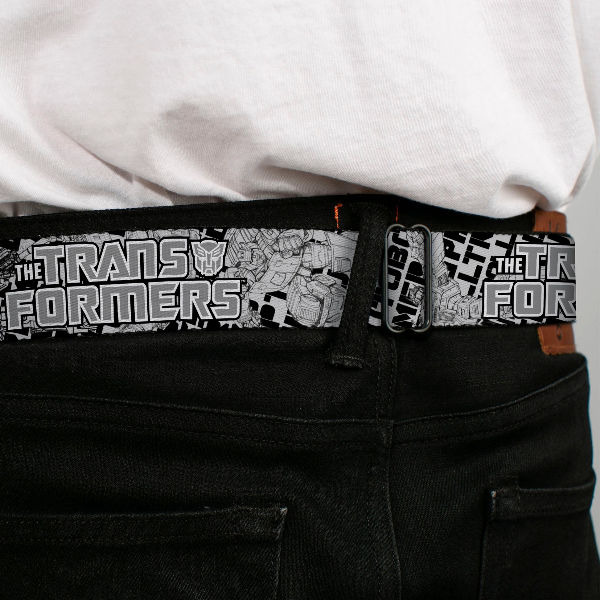 TRANSFORMERS Title Logo Full Color Black/Grays Seatbelt Belt - THE TRANSFORMERS Robots and Text Collage White/Black/Gray Webbing Seatbelt Belts Transformers