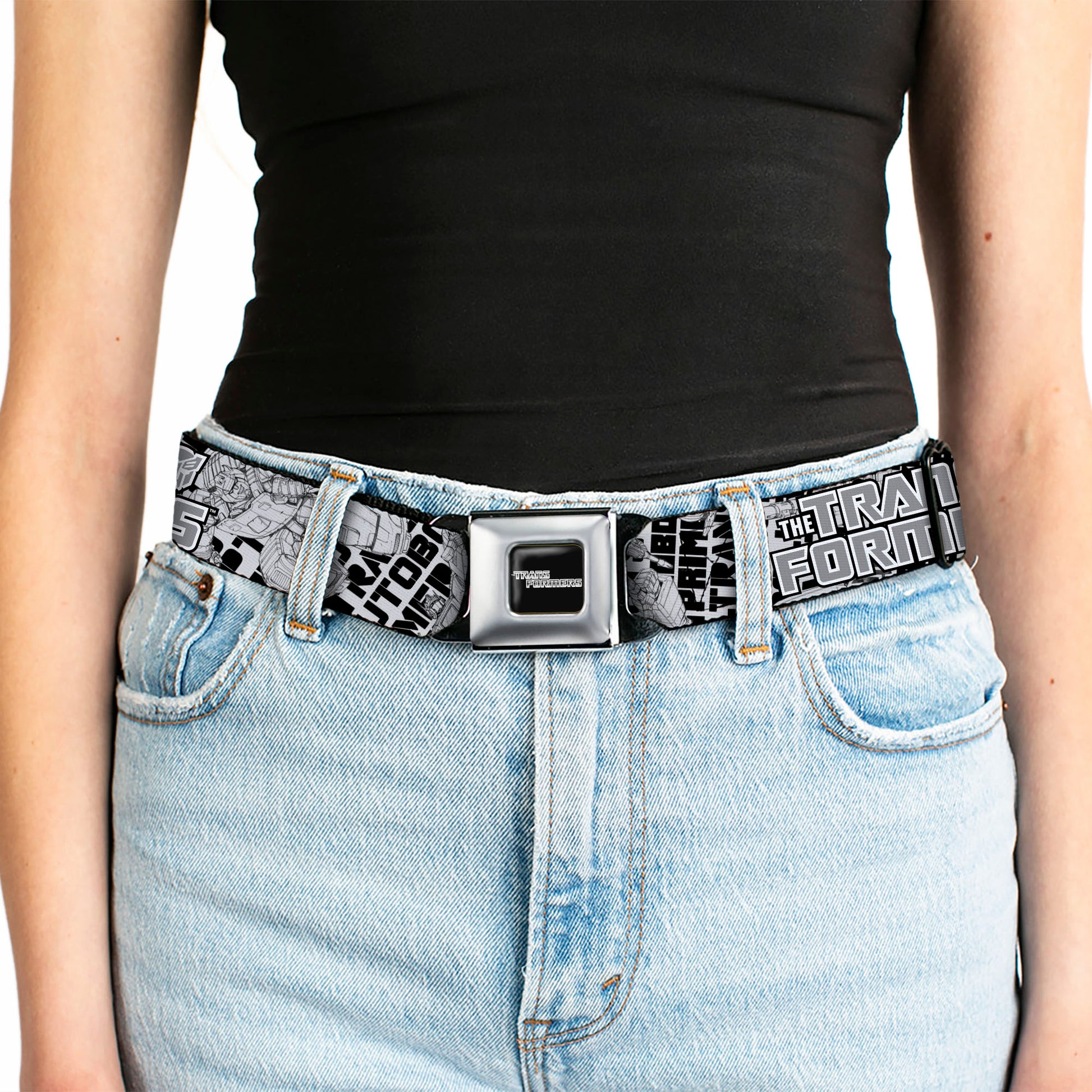 TRANSFORMERS Title Logo Full Color Black/Grays Seatbelt Belt - THE TRANSFORMERS Robots and Text Collage White/Black/Gray Webbing Seatbelt Belts Transformers