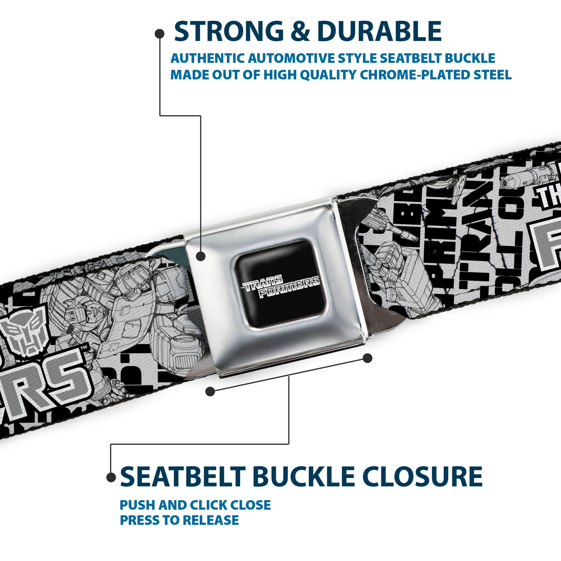 TRANSFORMERS Title Logo Full Color Black/Grays Seatbelt Belt - THE TRANSFORMERS Robots and Text Collage White/Black/Gray Webbing Seatbelt Belts Transformers