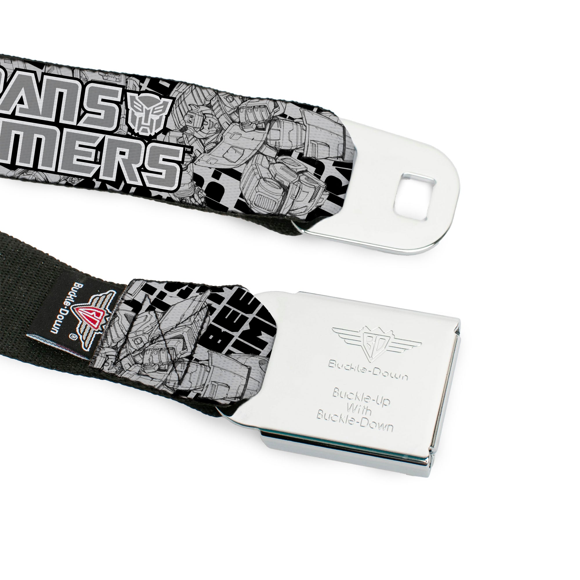 TRANSFORMERS Title Logo Full Color Black/Grays Seatbelt Belt - THE TRANSFORMERS Robots and Text Collage White/Black/Gray Webbing Seatbelt Belts Transformers