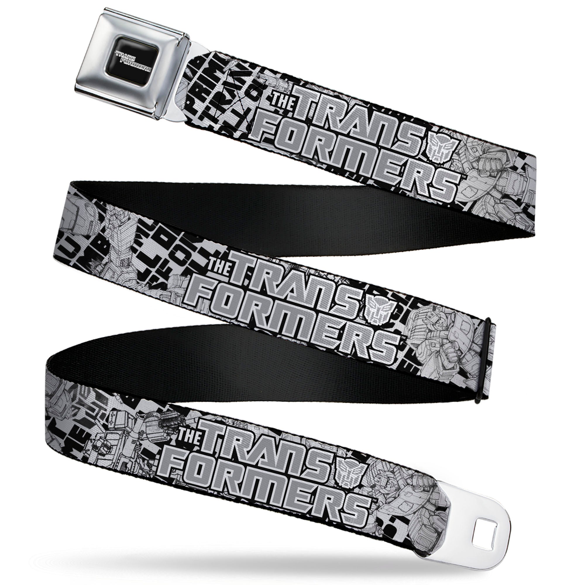TRANSFORMERS Title Logo Full Color Black/Grays Seatbelt Belt - THE TRANSFORMERS Robots and Text Collage White/Black/Gray Webbing Seatbelt Belts Transformers