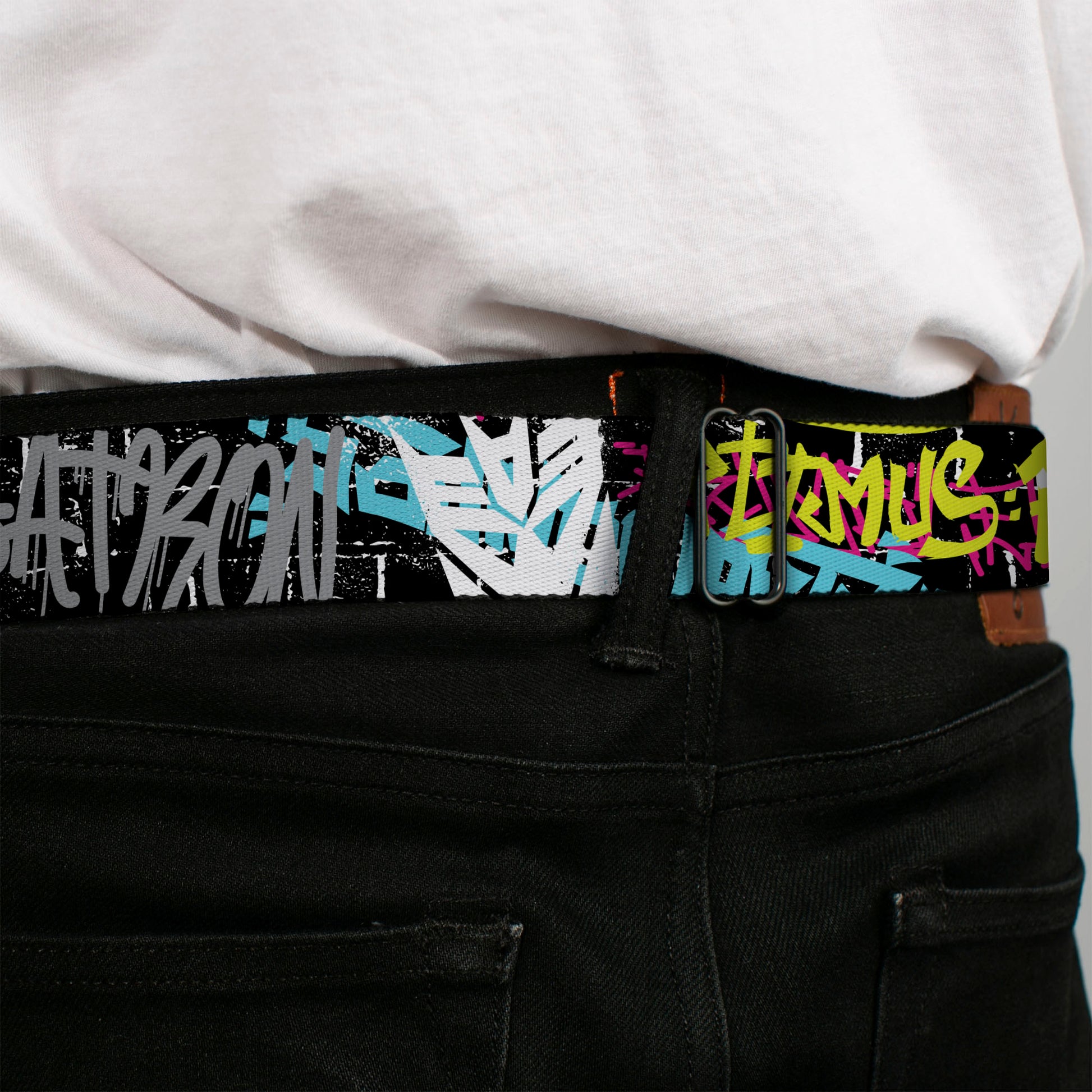 TRANSFORMERS Title Logo Full Color Black/Grays Seatbelt Belt - Transformers Icons and Names Graffiti Collage Black/Multi Color Webbing Seatbelt Belts Transformers