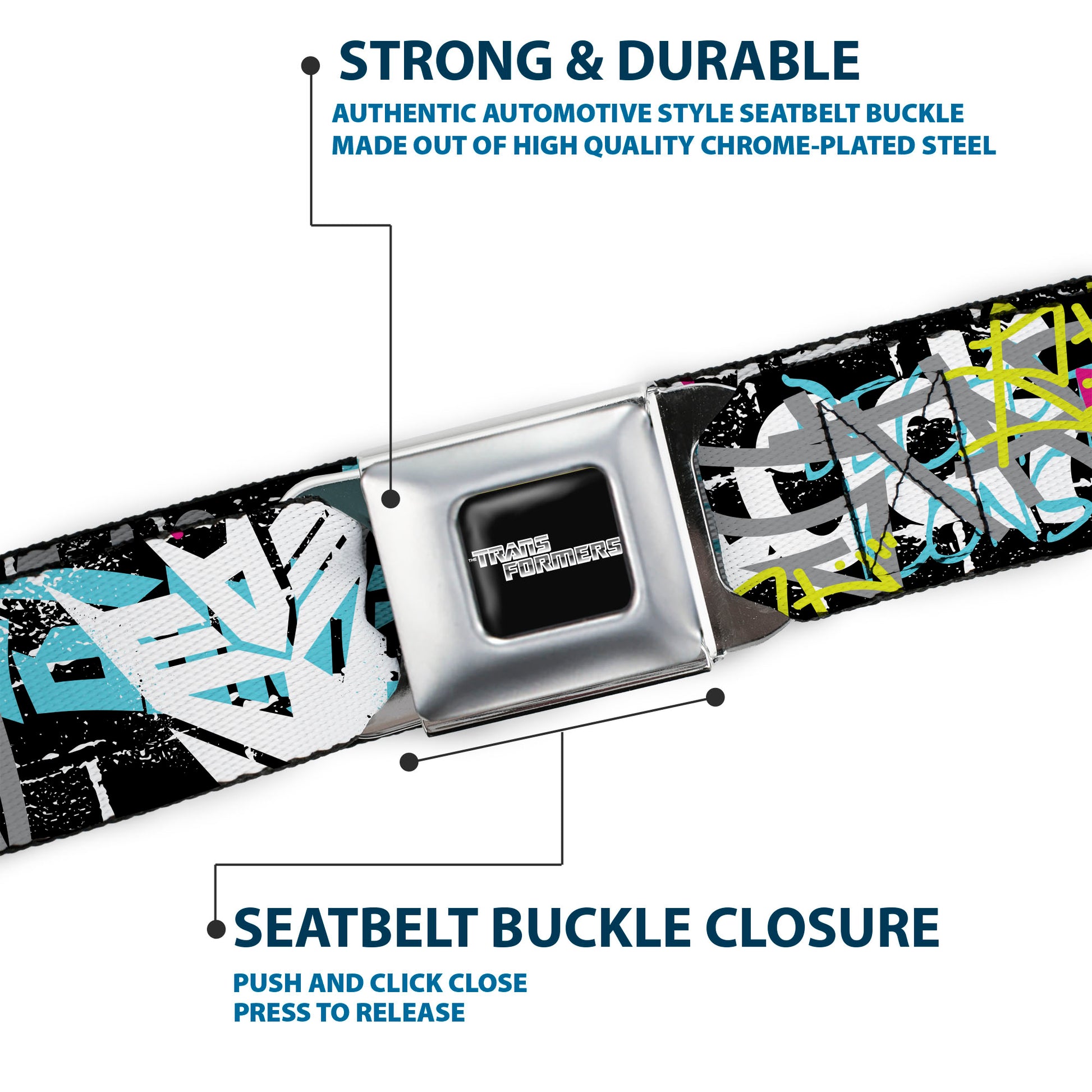 TRANSFORMERS Title Logo Full Color Black/Grays Seatbelt Belt - Transformers Icons and Names Graffiti Collage Black/Multi Color Webbing Seatbelt Belts Transformers