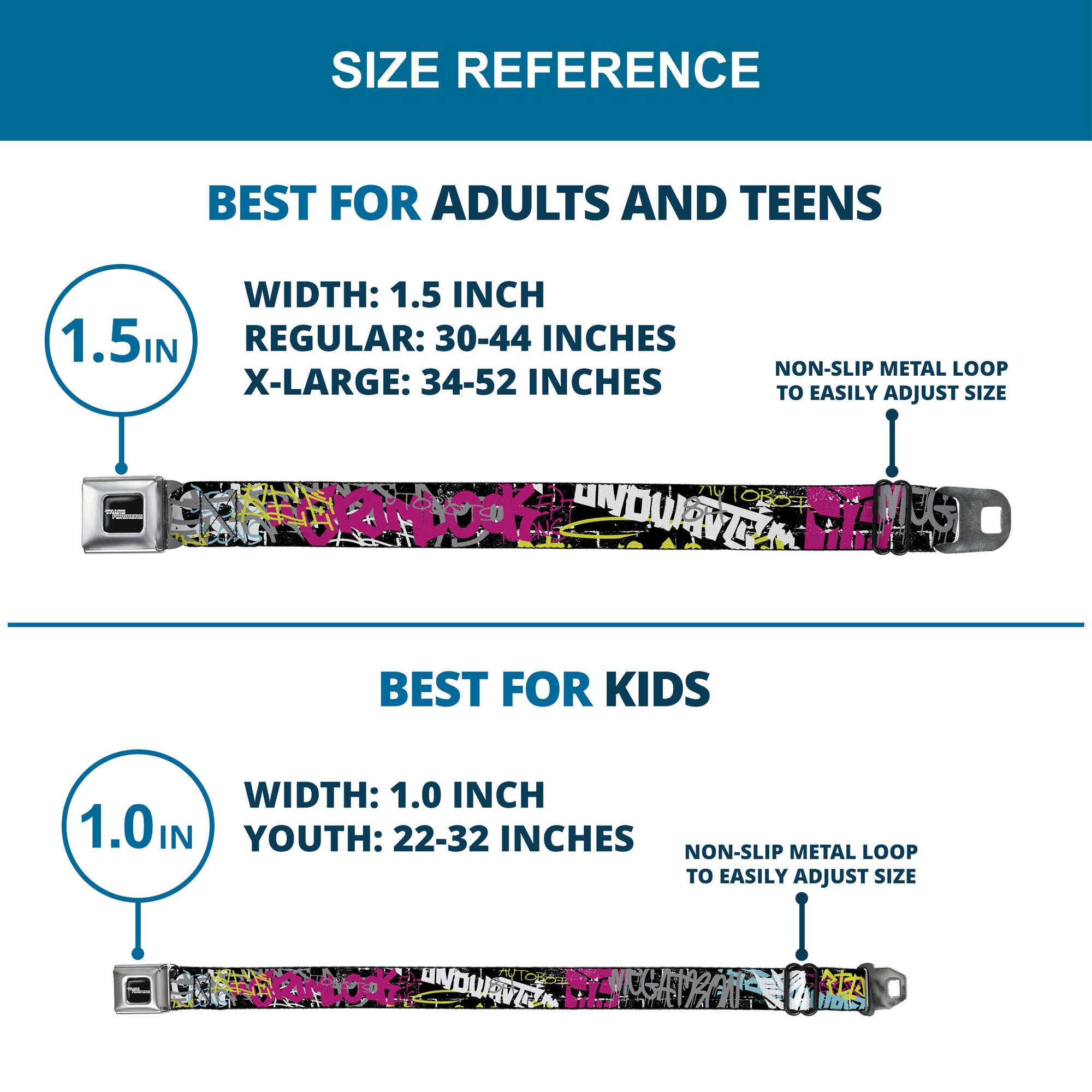 TRANSFORMERS Title Logo Full Color Black/Grays Seatbelt Belt - Transformers Icons and Names Graffiti Collage Black/Multi Color Webbing Seatbelt Belts Transformers