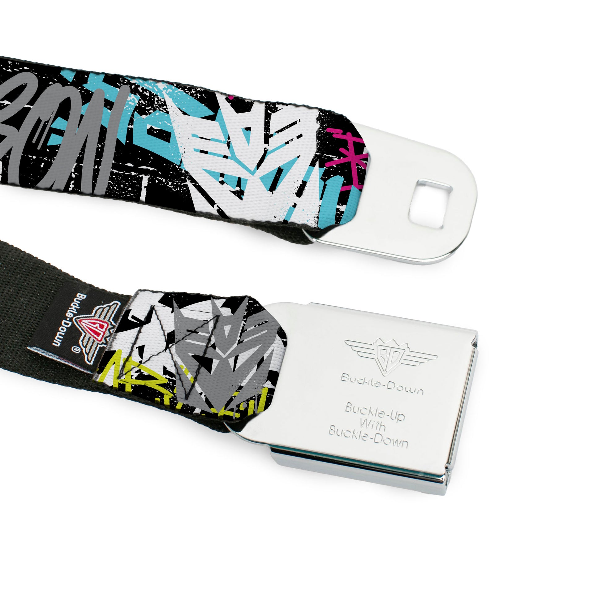 TRANSFORMERS Title Logo Full Color Black/Grays Seatbelt Belt - Transformers Icons and Names Graffiti Collage Black/Multi Color Webbing Seatbelt Belts Transformers