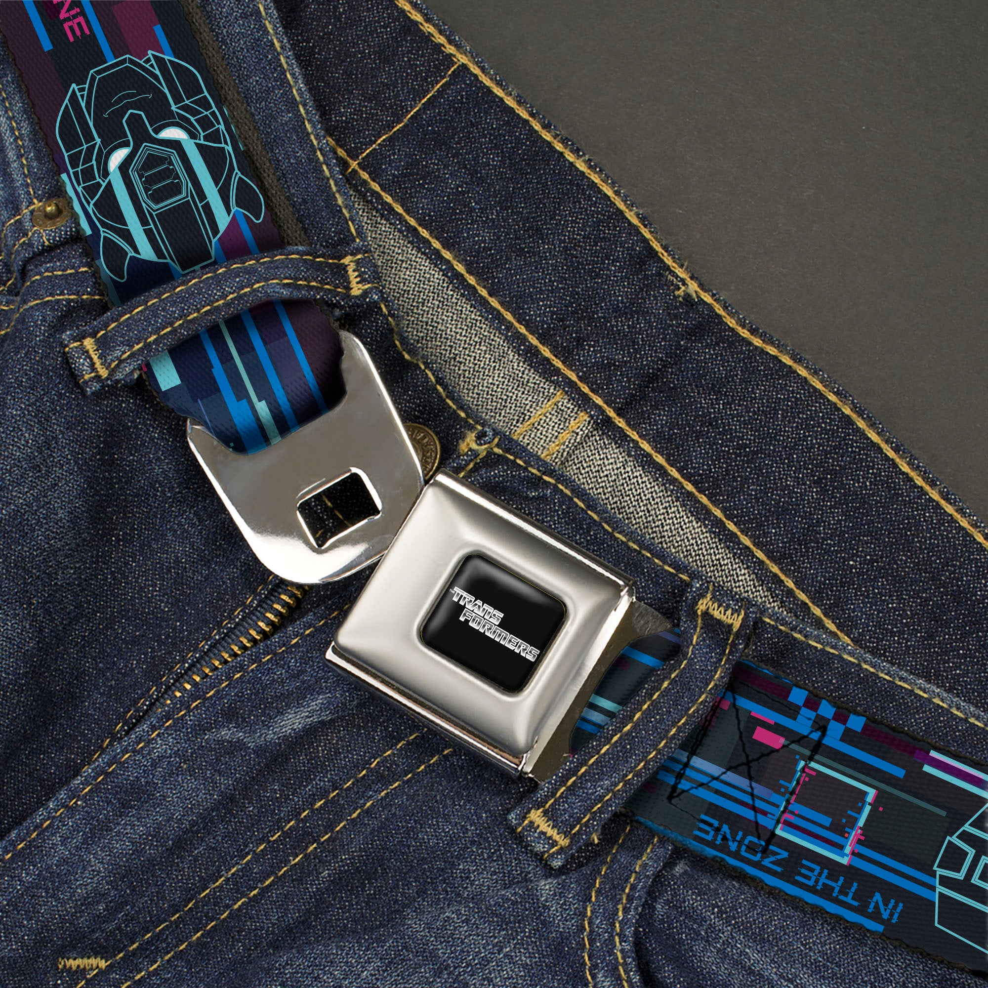 TRANSFORMERS Title Logo Full Color Black/Grays Seatbelt Belt - Transformers Autobots IN THE ZONE Icons Blues/Reds Webbing Seatbelt Belts Transformers