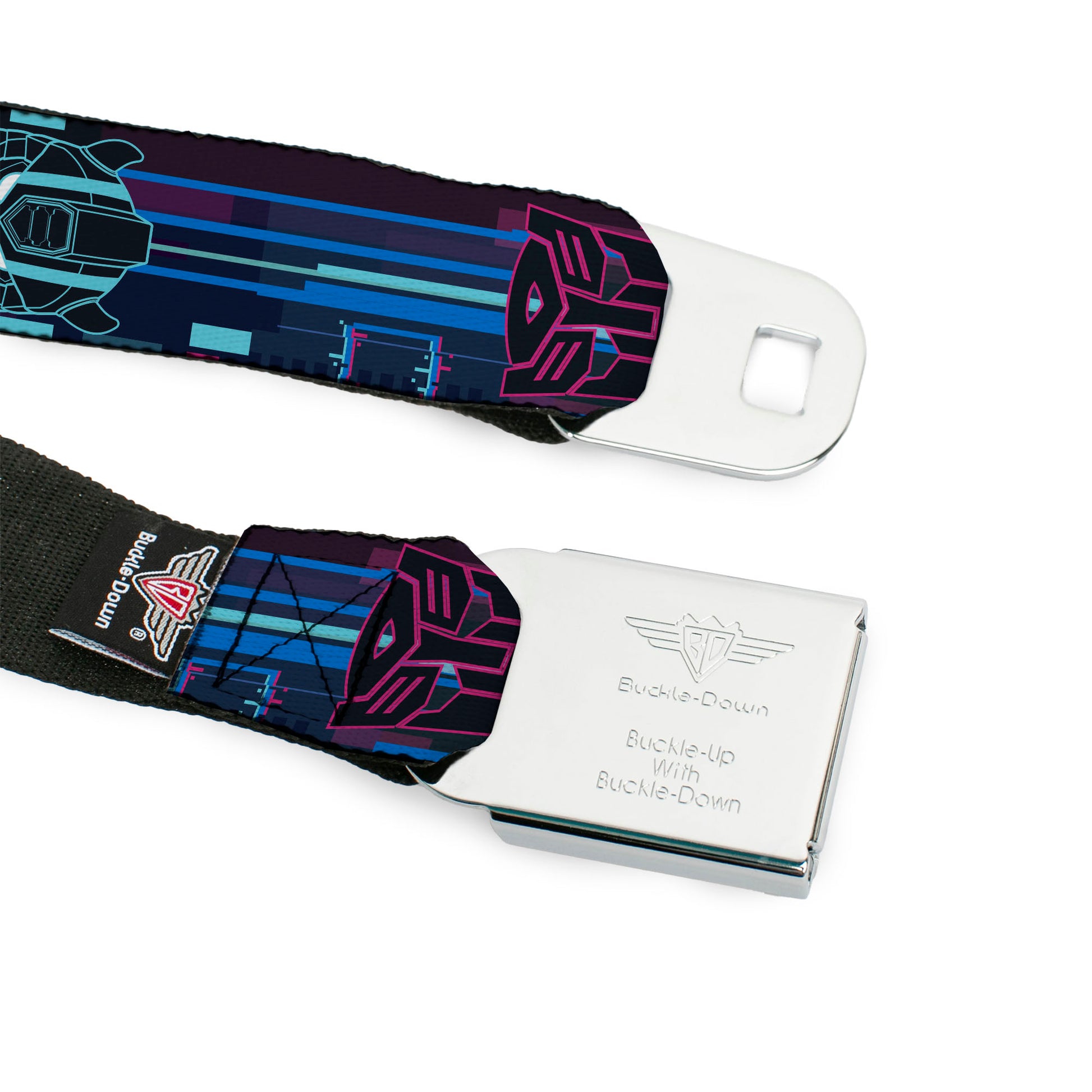 TRANSFORMERS Title Logo Full Color Black/Grays Seatbelt Belt - Transformers Autobots IN THE ZONE Icons Blues/Reds Webbing Seatbelt Belts Transformers