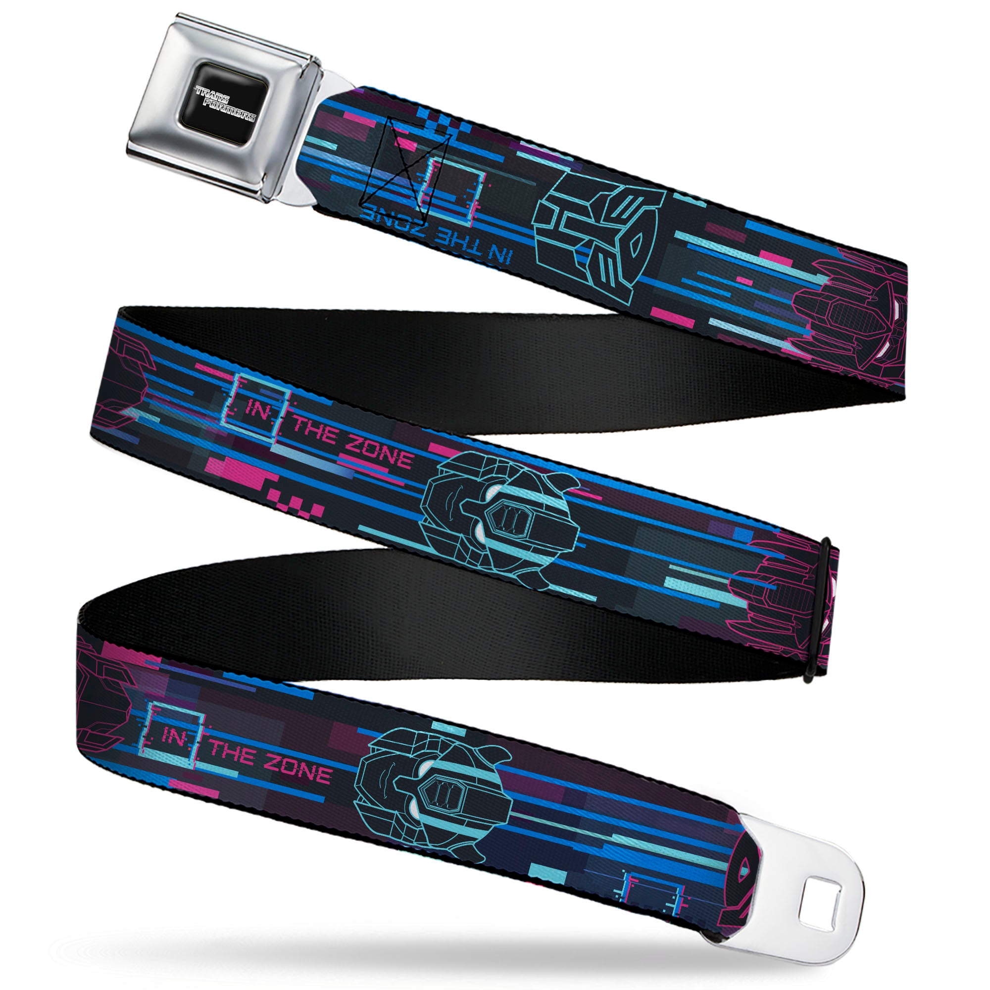 TRANSFORMERS Title Logo Full Color Black/Grays Seatbelt Belt - Transformers Autobots IN THE ZONE Icons Blues/Reds Webbing Seatbelt Belts Transformers