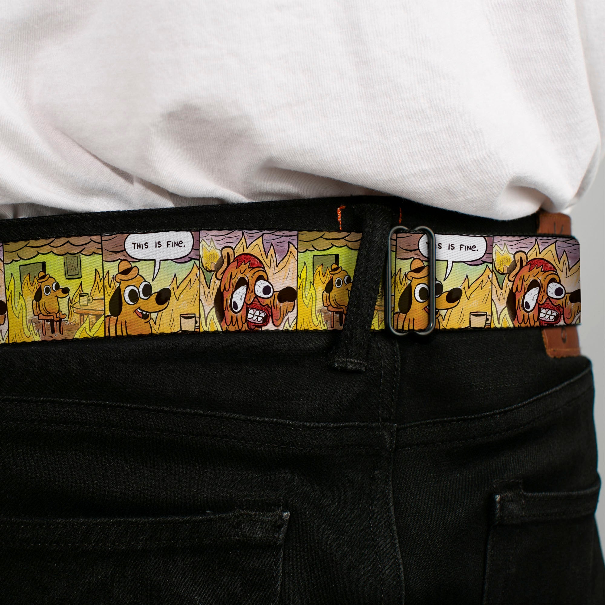 THIS IS FINE Quote Bubble Full Color Black/White Seatbelt Belt - THIS IS FINE Question Hound Cafe Fire Comic Strip Blocks Webbing Seatbelt Belts This is Fine