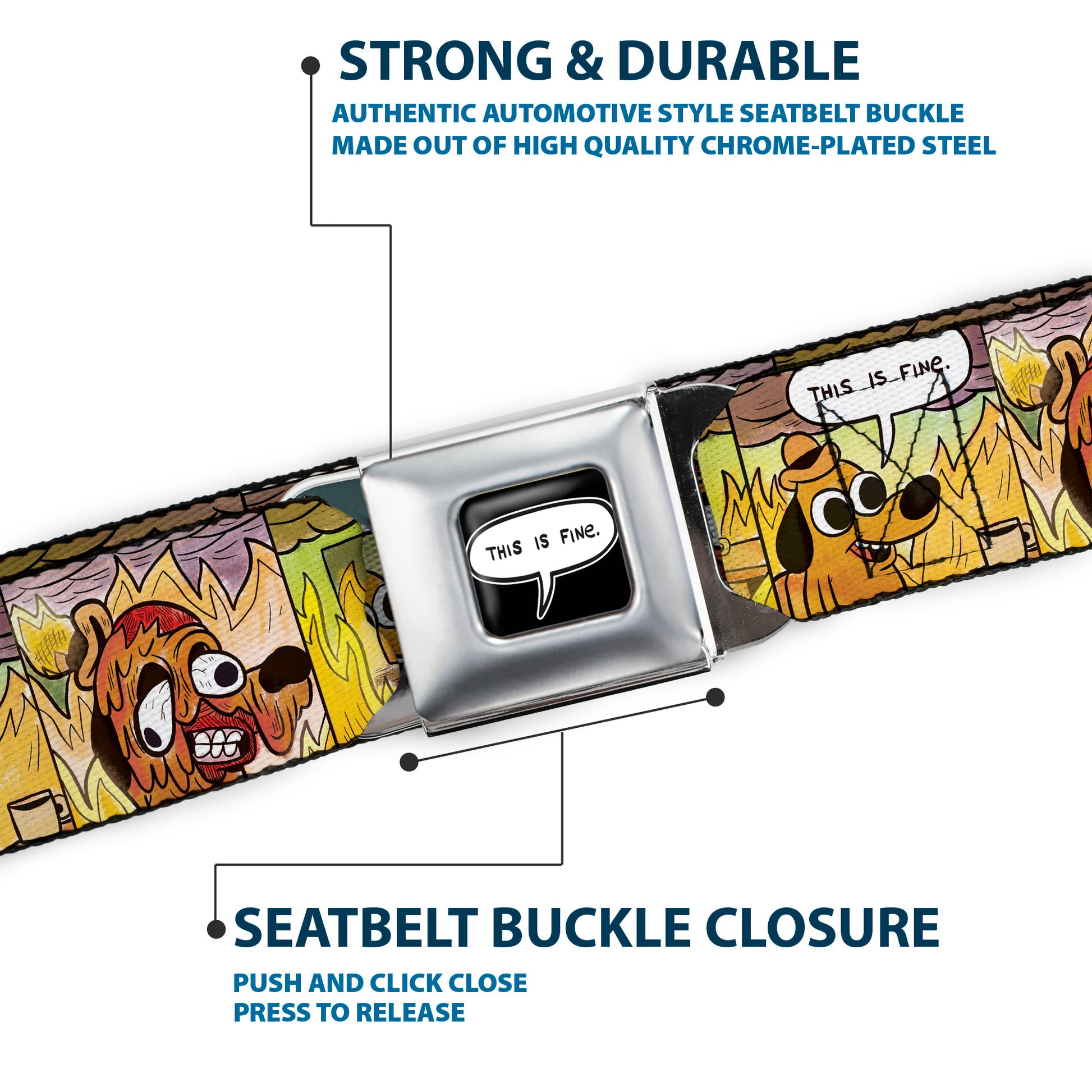 THIS IS FINE Quote Bubble Full Color Black/White Seatbelt Belt - THIS IS FINE Question Hound Cafe Fire Comic Strip Blocks Webbing Seatbelt Belts This is Fine