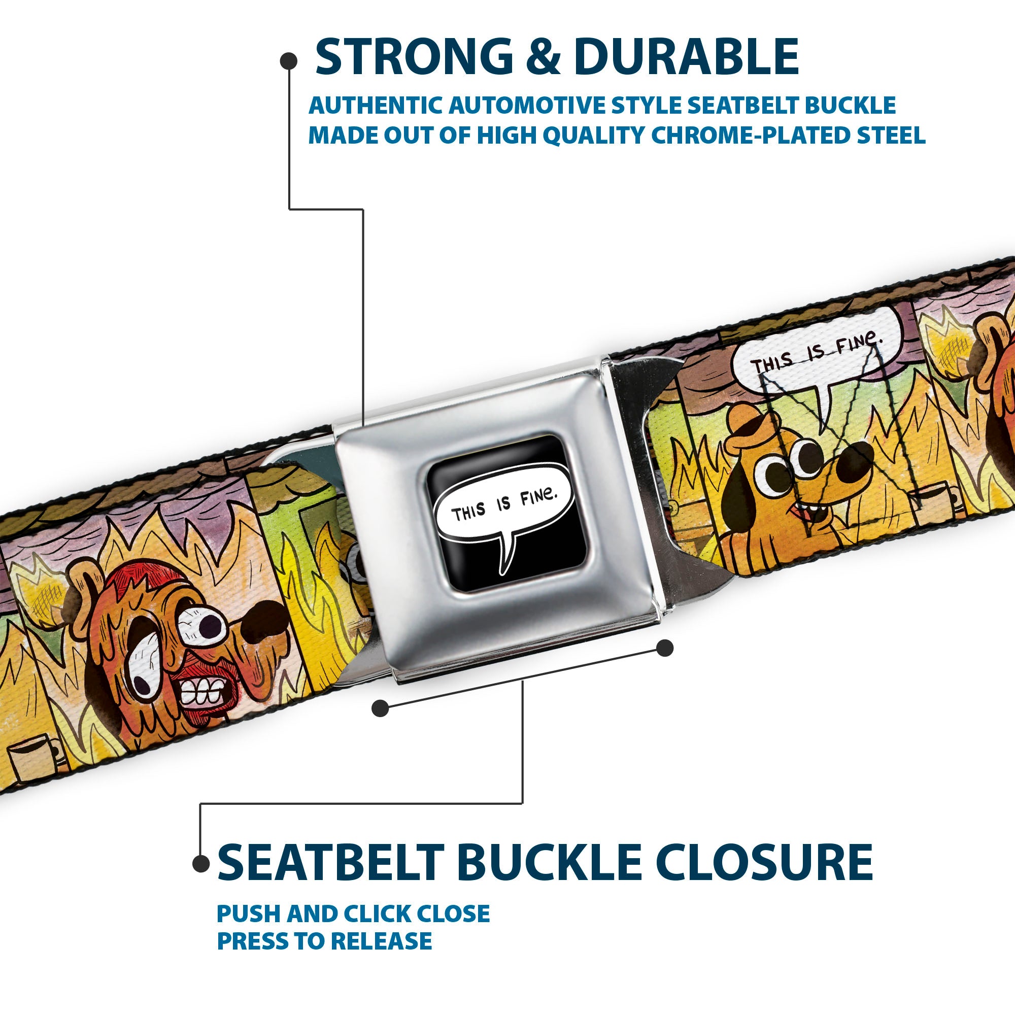THIS IS FINE Quote Bubble Full Color Black/White Seatbelt Belt - THIS IS FINE Question Hound Cafe Fire Comic Strip Blocks Webbing Seatbelt Belts This is Fine