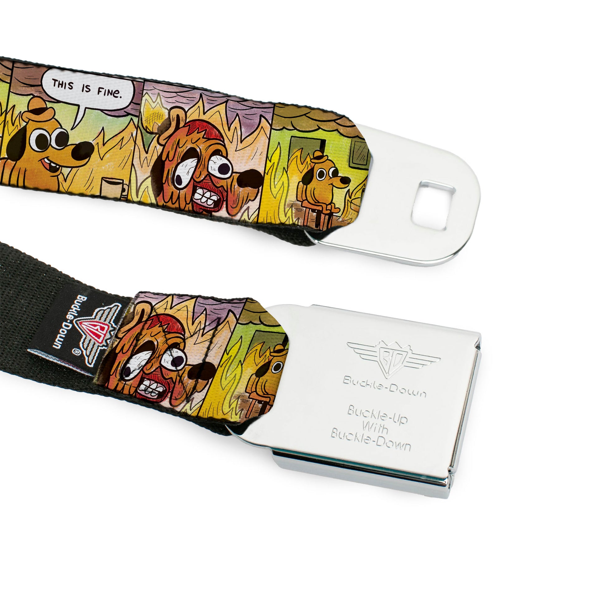 THIS IS FINE Quote Bubble Full Color Black/White Seatbelt Belt - THIS IS FINE Question Hound Cafe Fire Comic Strip Blocks Webbing Seatbelt Belts This is Fine