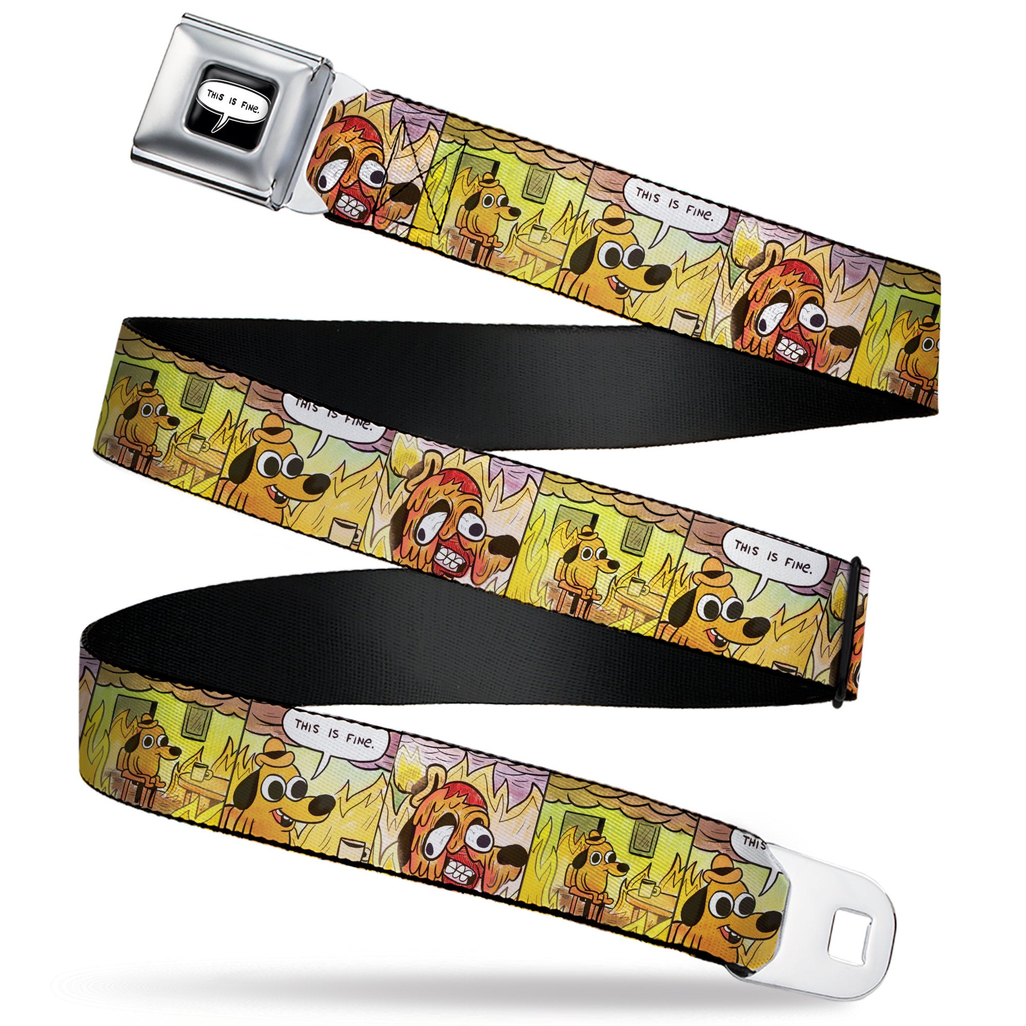 THIS IS FINE Quote Bubble Full Color Black/White Seatbelt Belt - THIS IS FINE Question Hound Cafe Fire Comic Strip Blocks Webbing Seatbelt Belts This is Fine