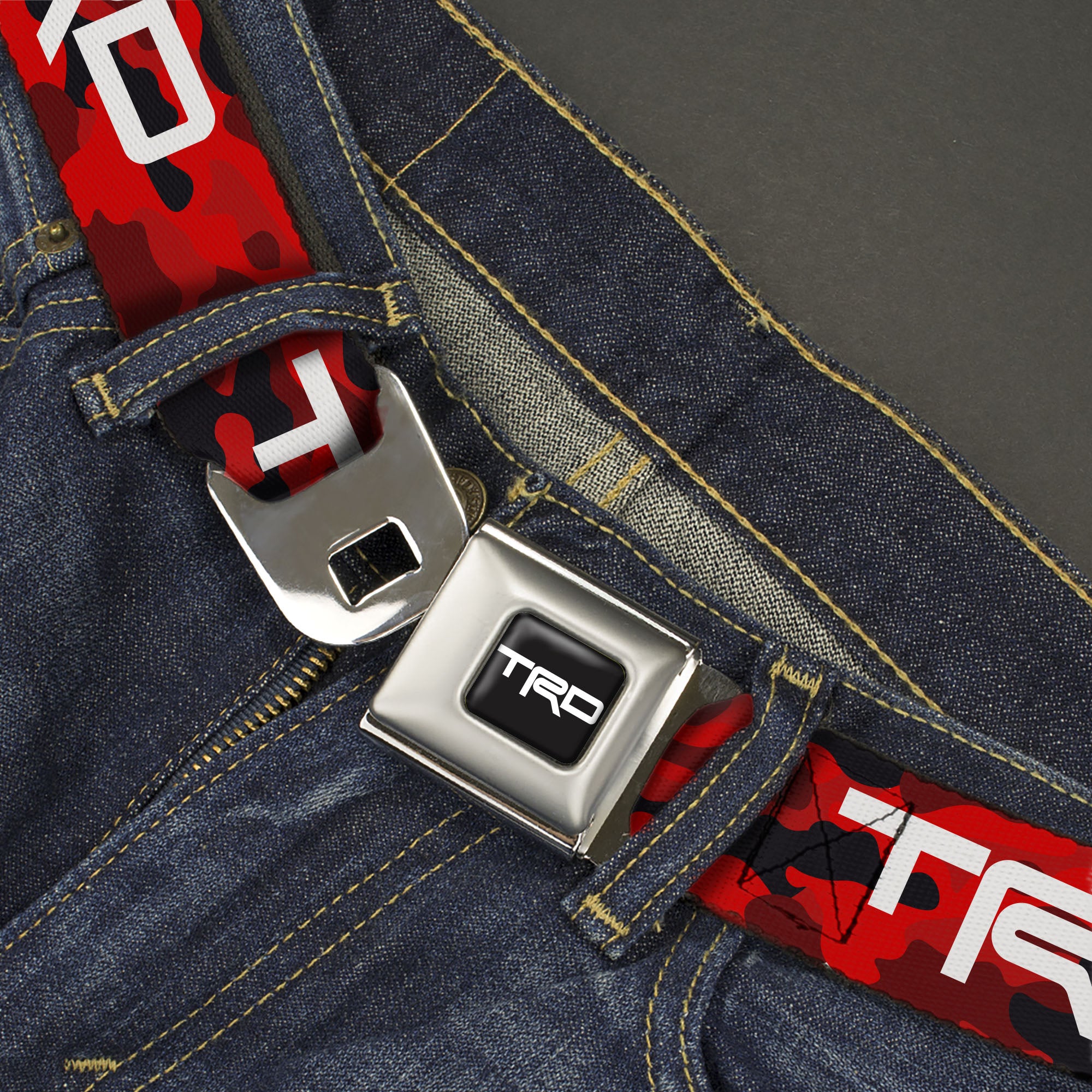 Toyota Racing Development TRD Logo Full Color Black/White Seatbelt Belt - Toyota Racing Development TRD Logo Camo Reds/White Webbing Seatbelt Belts Toyota
