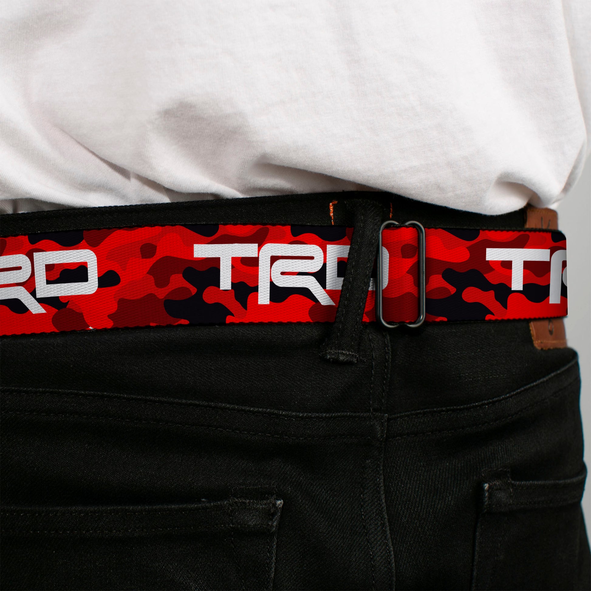 Toyota Racing Development TRD Logo Full Color Black/White Seatbelt Belt - Toyota Racing Development TRD Logo Camo Reds/White Webbing Seatbelt Belts Toyota