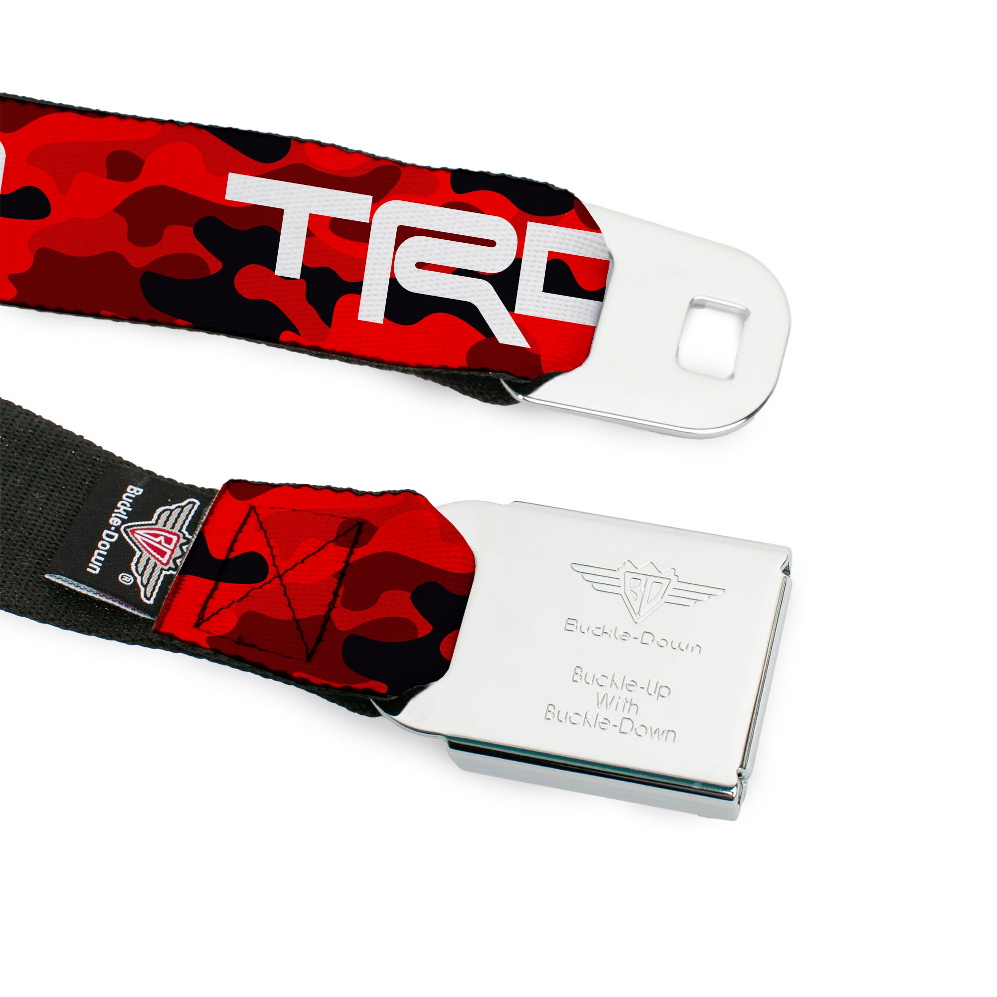 Toyota Racing Development TRD Logo Full Color Black/White Seatbelt Belt - Toyota Racing Development TRD Logo Camo Reds/White Webbing Seatbelt Belts Toyota
