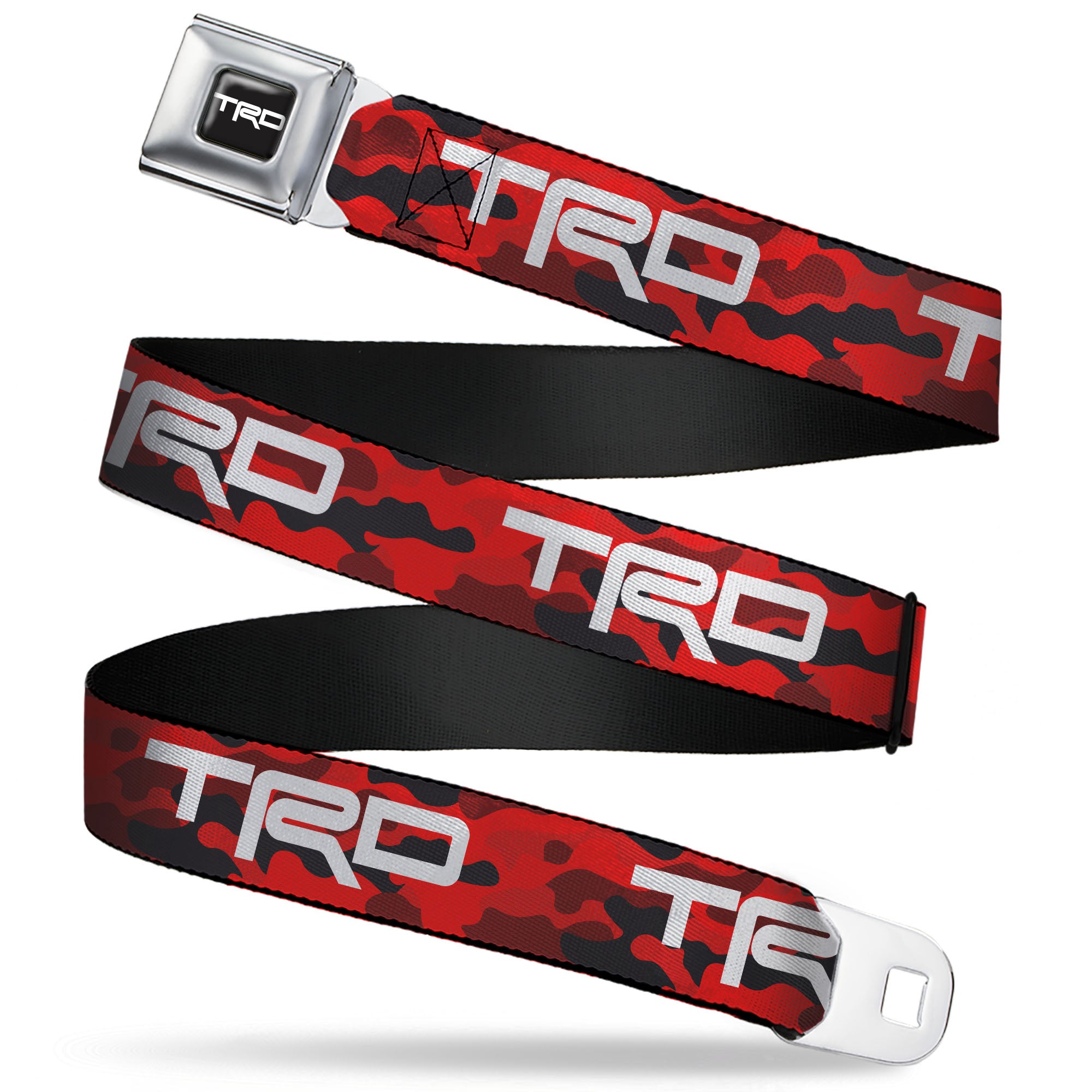 Toyota Racing Development TRD Logo Full Color Black/White Seatbelt Belt - Toyota Racing Development TRD Logo Camo Reds/White Webbing Seatbelt Belts Toyota