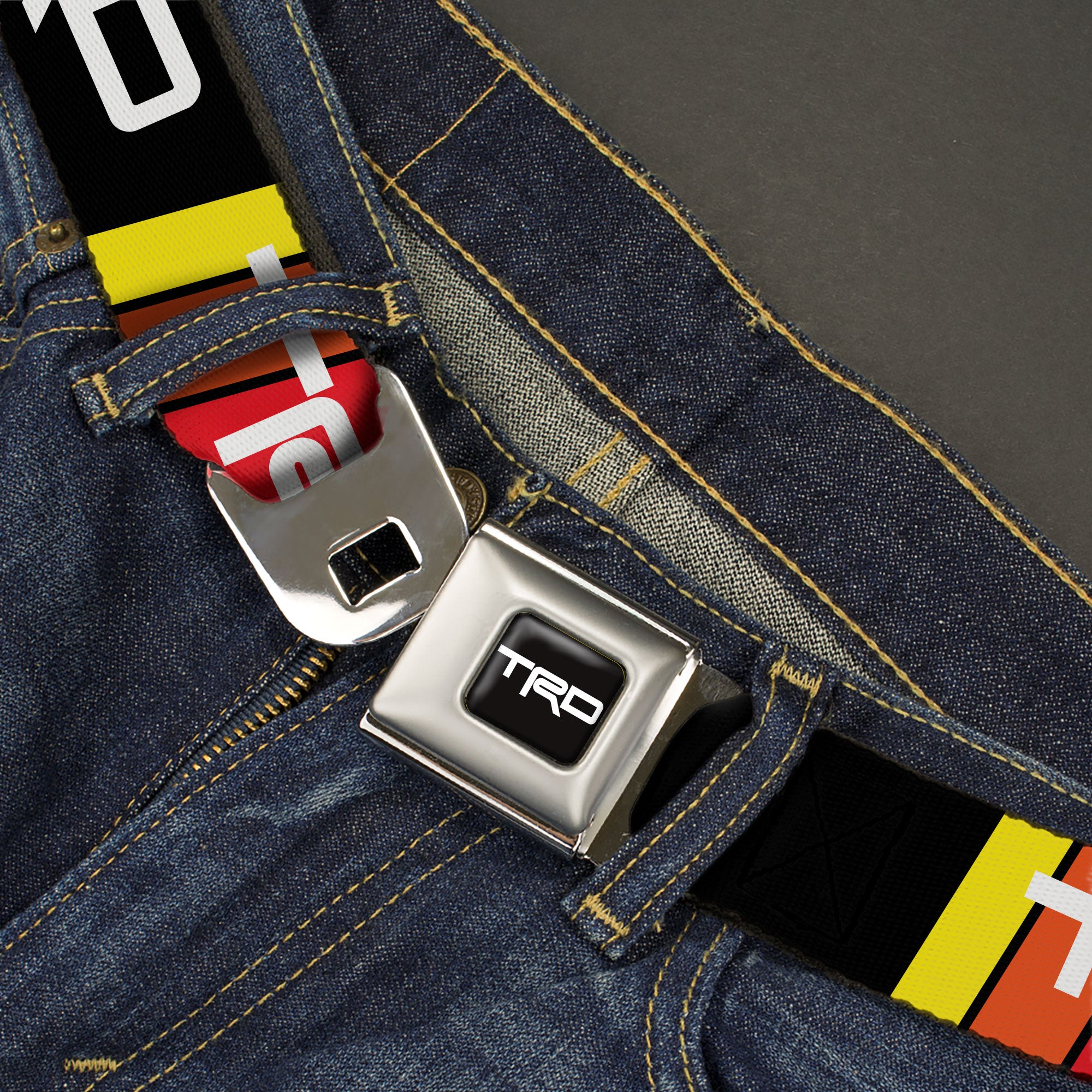 Toyota Racing Development TRD Logo Full Color Black/White Seatbelt Belt - Toyota Racing Development TRD Logo Rally Stripe Black/Yellow/Orange/Red Webbing Seatbelt Belts Toyota