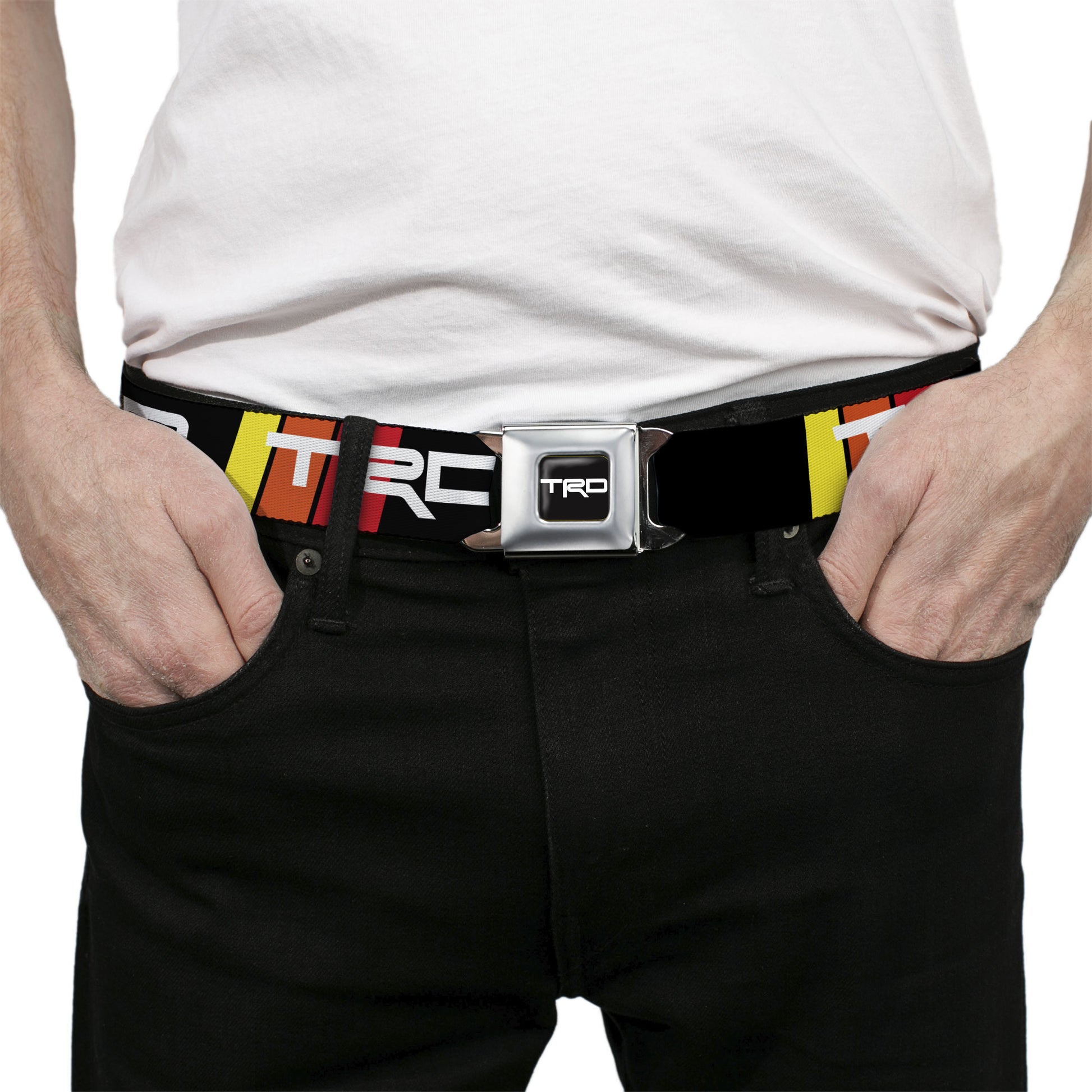 Toyota Racing Development TRD Logo Full Color Black/White Seatbelt Belt - Toyota Racing Development TRD Logo Rally Stripe Black/Yellow/Orange/Red Webbing Seatbelt Belts Toyota