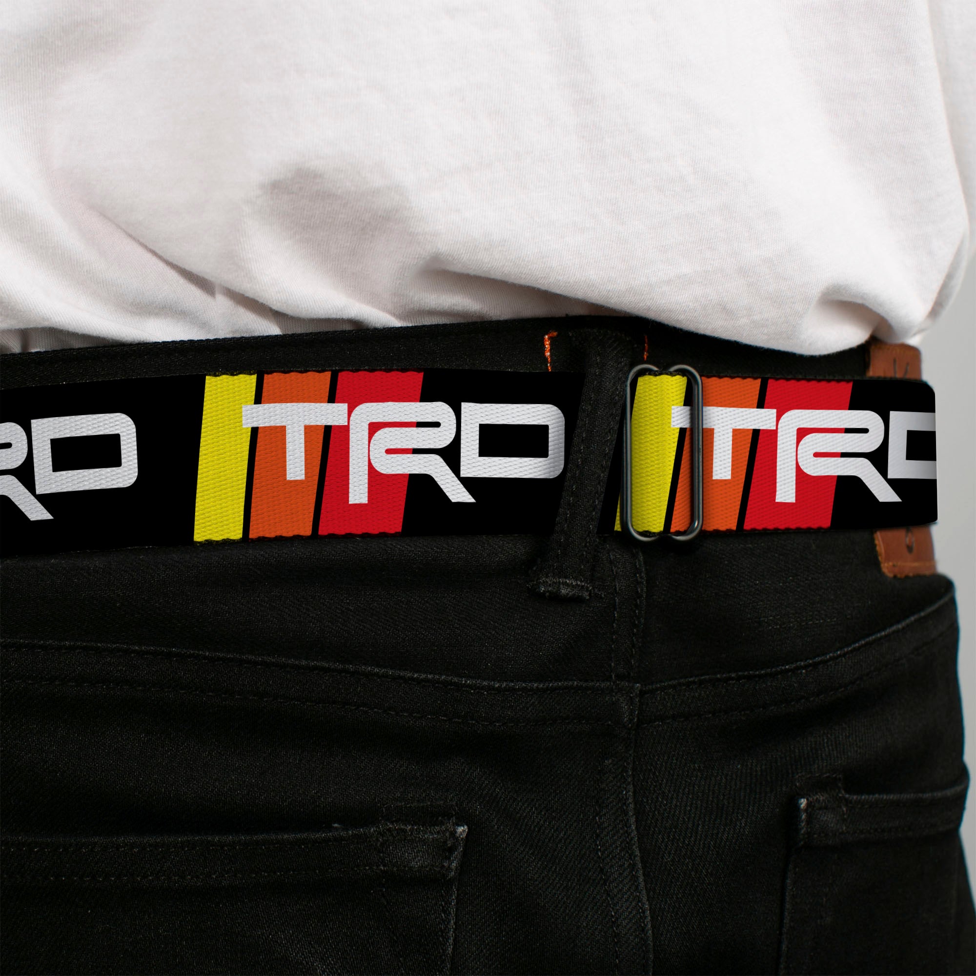 Toyota Racing Development TRD Logo Full Color Black/White Seatbelt Belt - Toyota Racing Development TRD Logo Rally Stripe Black/Yellow/Orange/Red Webbing Seatbelt Belts Toyota