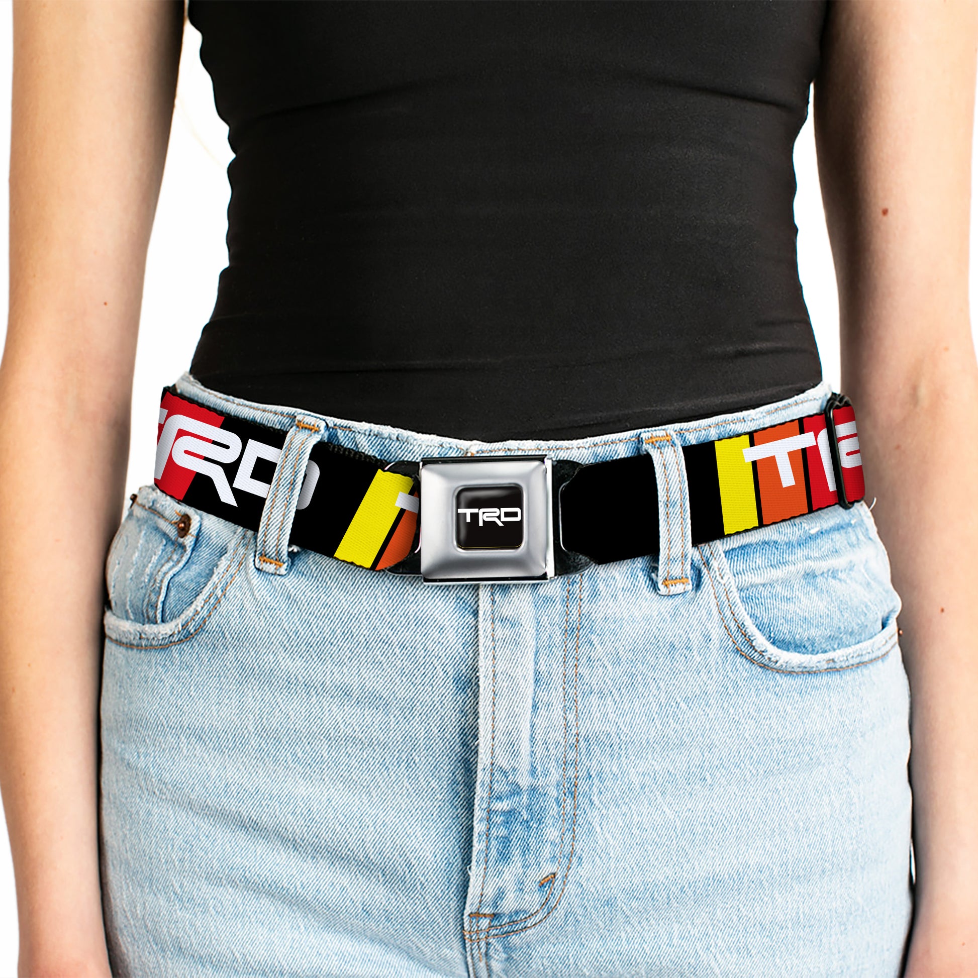 Toyota Racing Development TRD Logo Full Color Black/White Seatbelt Belt - Toyota Racing Development TRD Logo Rally Stripe Black/Yellow/Orange/Red Webbing Seatbelt Belts Toyota