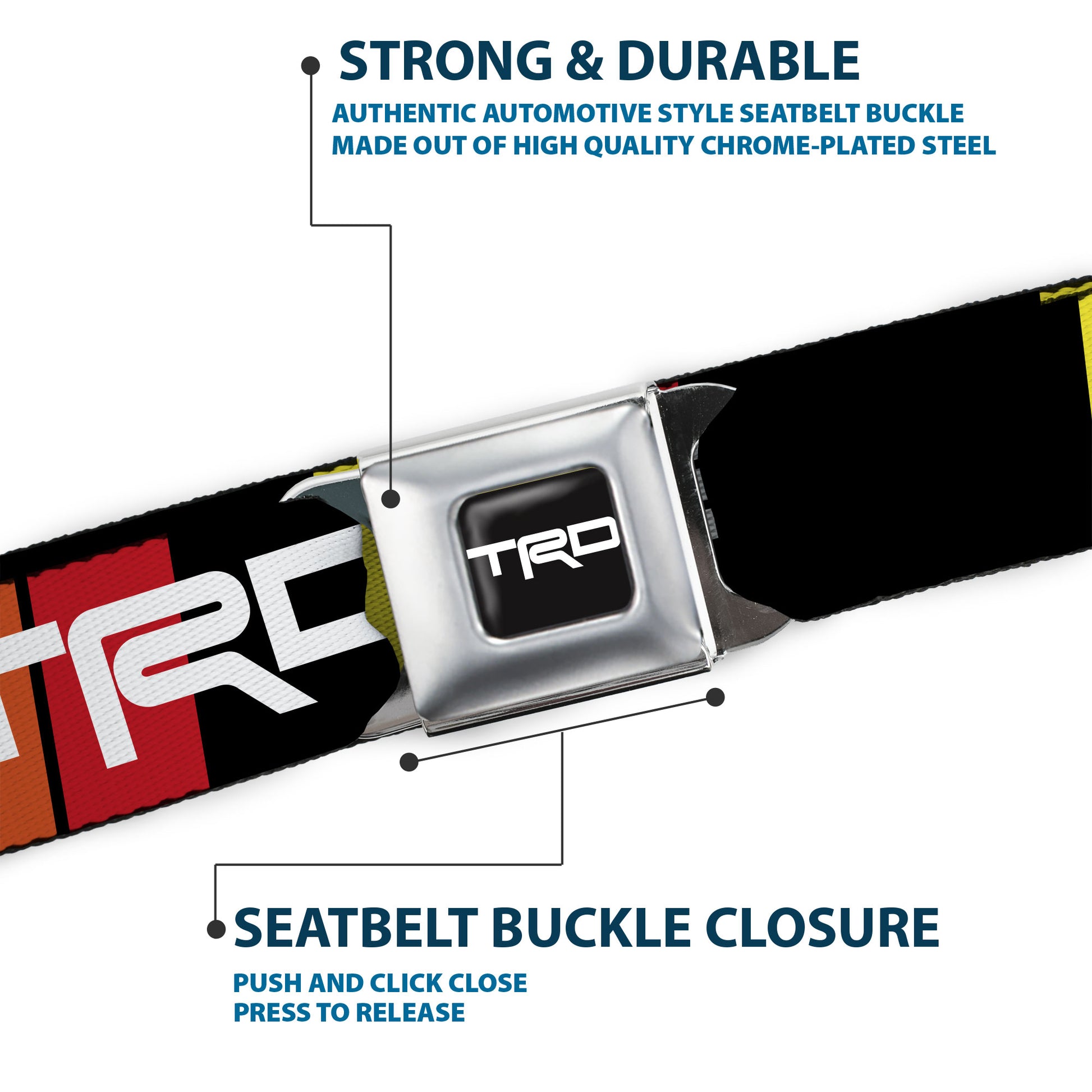Toyota Racing Development TRD Logo Full Color Black/White Seatbelt Belt - Toyota Racing Development TRD Logo Rally Stripe Black/Yellow/Orange/Red Webbing Seatbelt Belts Toyota