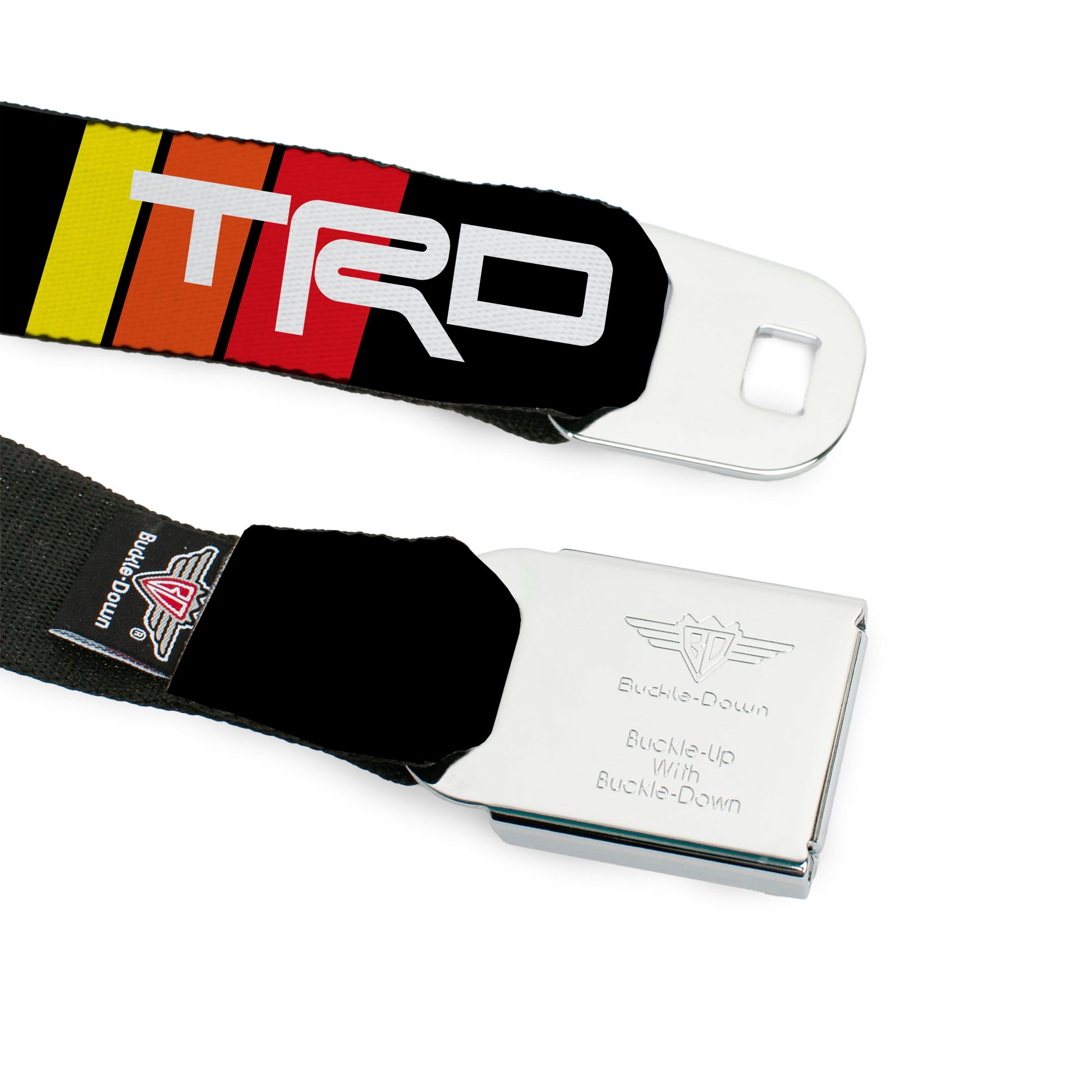 Toyota Racing Development TRD Logo Full Color Black/White Seatbelt Belt - Toyota Racing Development TRD Logo Rally Stripe Black/Yellow/Orange/Red Webbing Seatbelt Belts Toyota