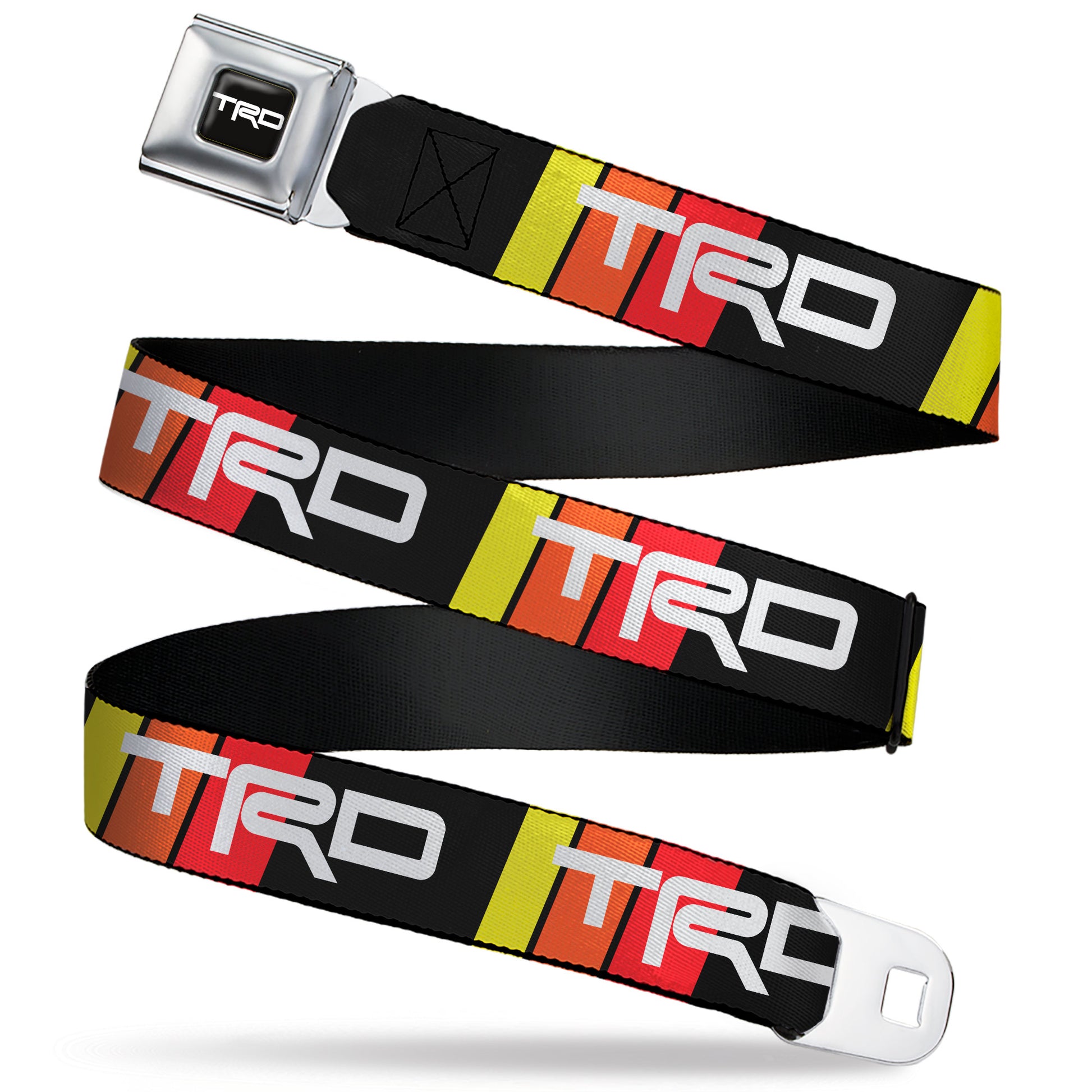 Toyota Racing Development TRD Logo Full Color Black/White Seatbelt Belt - Toyota Racing Development TRD Logo Rally Stripe Black/Yellow/Orange/Red Webbing Seatbelt Belts Toyota