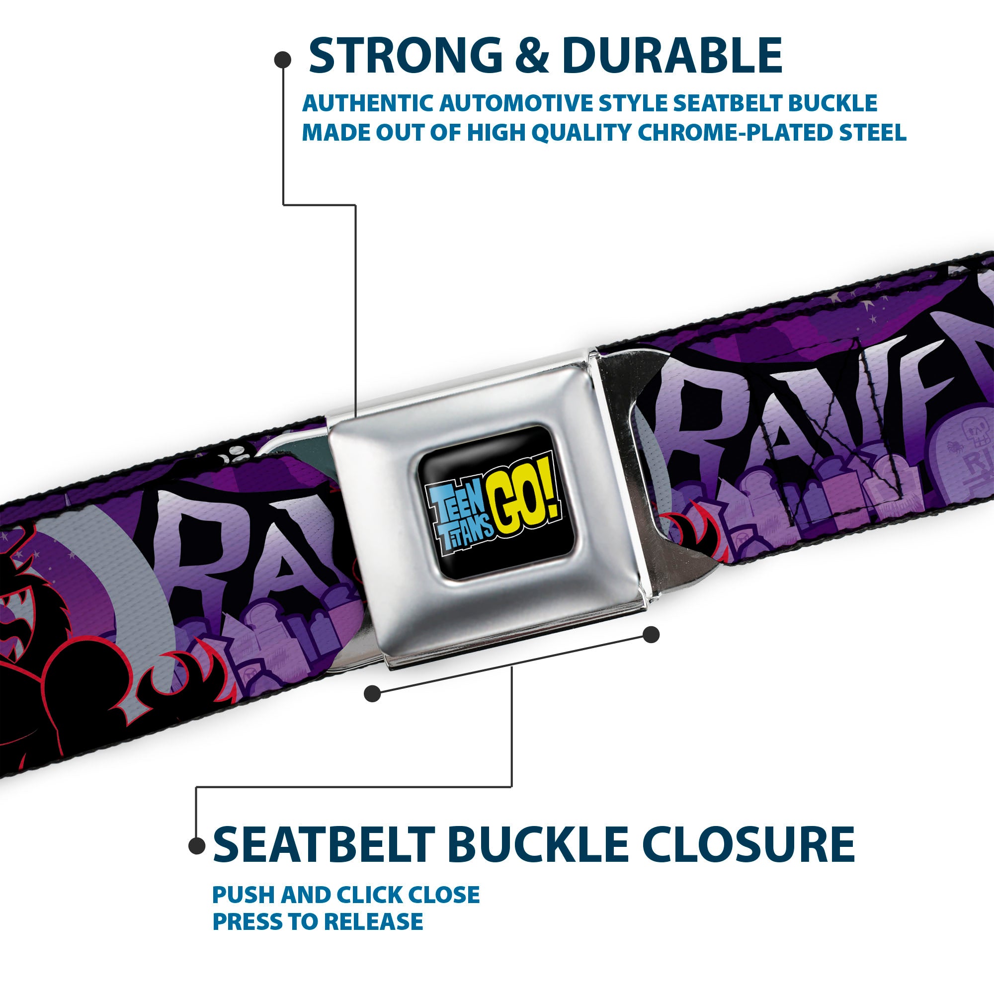 TEEN TITANS GO! Full Color Black Blue Yellow Seatbelt Belt - RAVEN/Trigon/Ghosts Cemetery Poses Purples Webbing Seatbelt Belts DC Comics