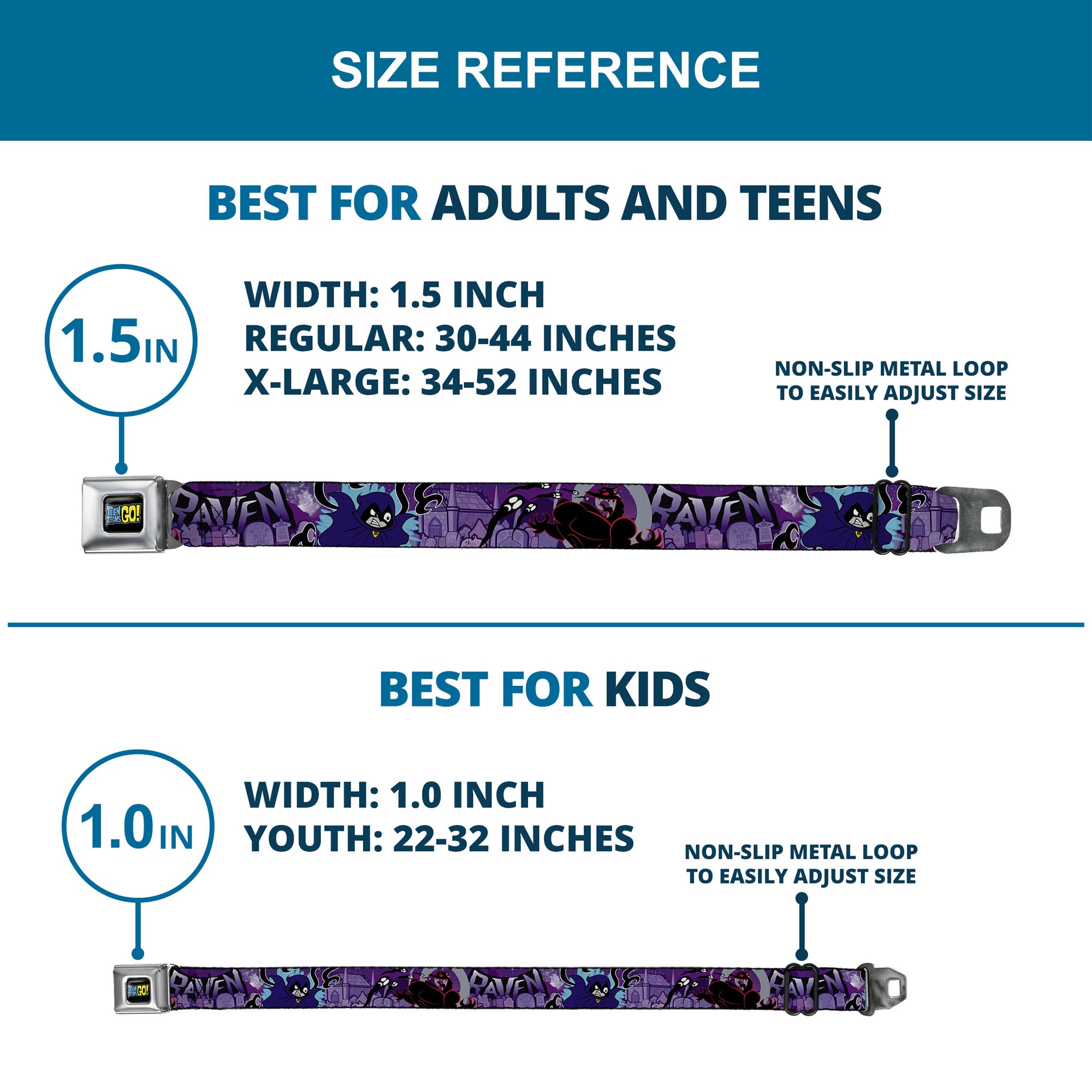 TEEN TITANS GO! Full Color Black Blue Yellow Seatbelt Belt - RAVEN/Trigon/Ghosts Cemetery Poses Purples Webbing Seatbelt Belts DC Comics