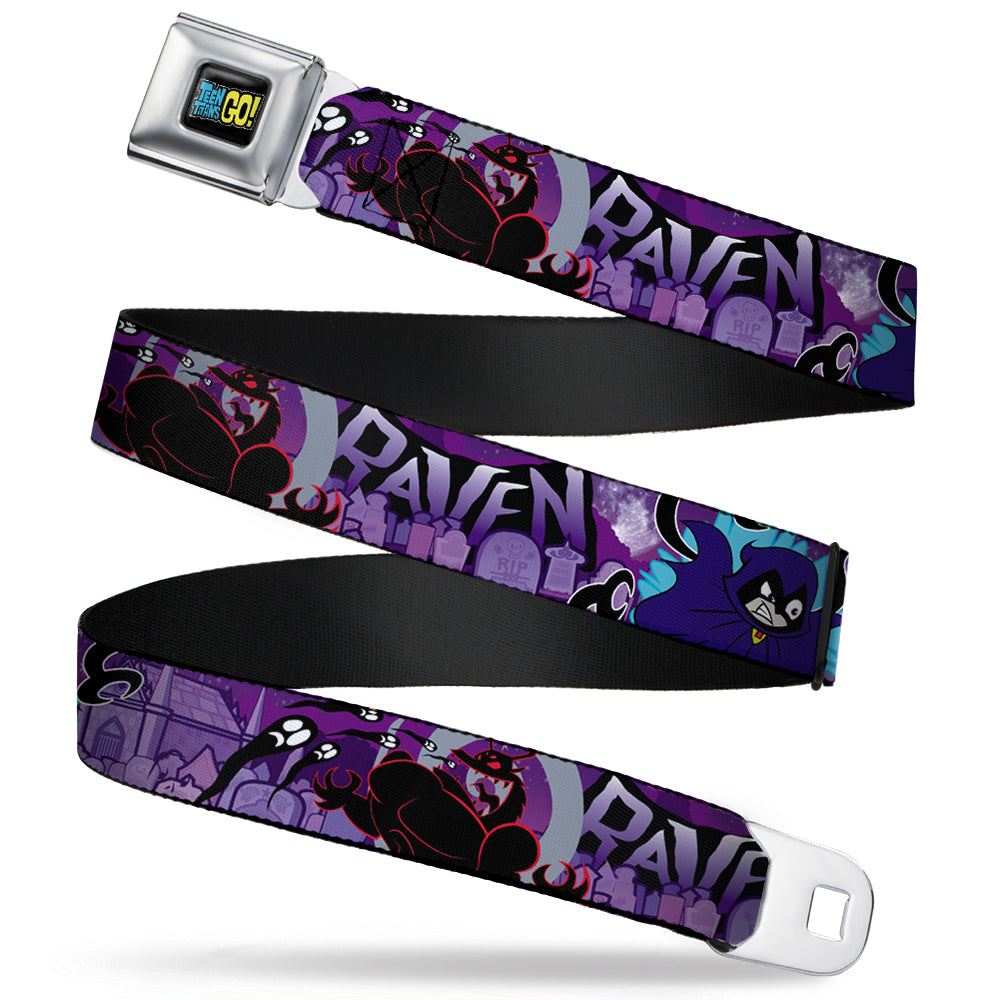 TEEN TITANS GO! Full Color Black Blue Yellow Seatbelt Belt - RAVEN/Trigon/Ghosts Cemetery Poses Purples Webbing Seatbelt Belts DC Comics