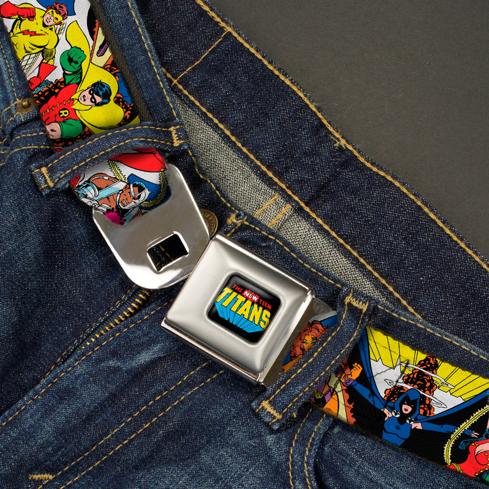 THE NEW TEEN TITANS Logo Full Color Black Red Blue Yellow Seatbelt Belt - THE NEW TEEN TITANS Issue #1 Superhero Cover Poses White Webbing Seatbelt Belts DC Comics