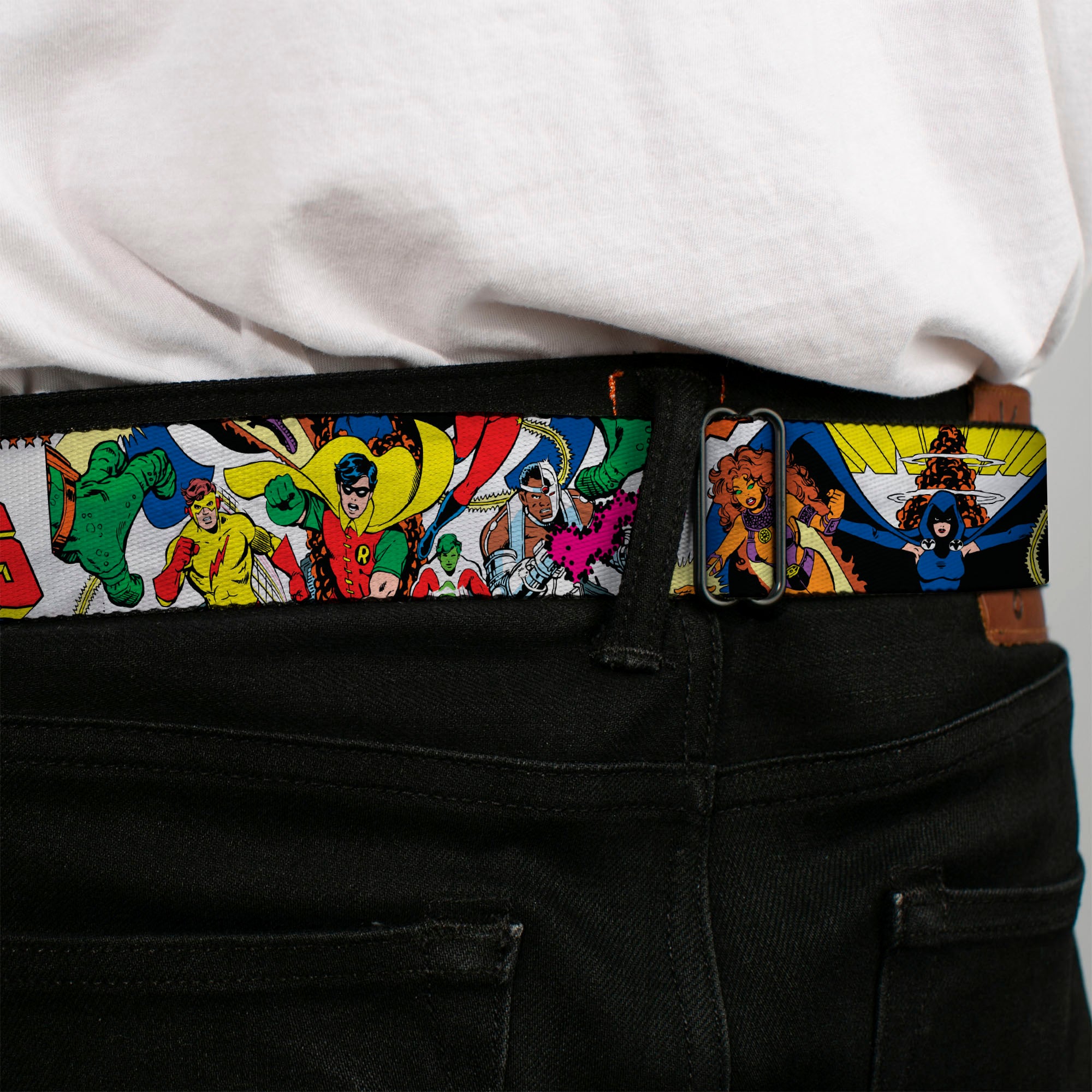 THE NEW TEEN TITANS Logo Full Color Black Red Blue Yellow Seatbelt Belt - THE NEW TEEN TITANS Issue #1 Superhero Cover Poses White Webbing Seatbelt Belts DC Comics