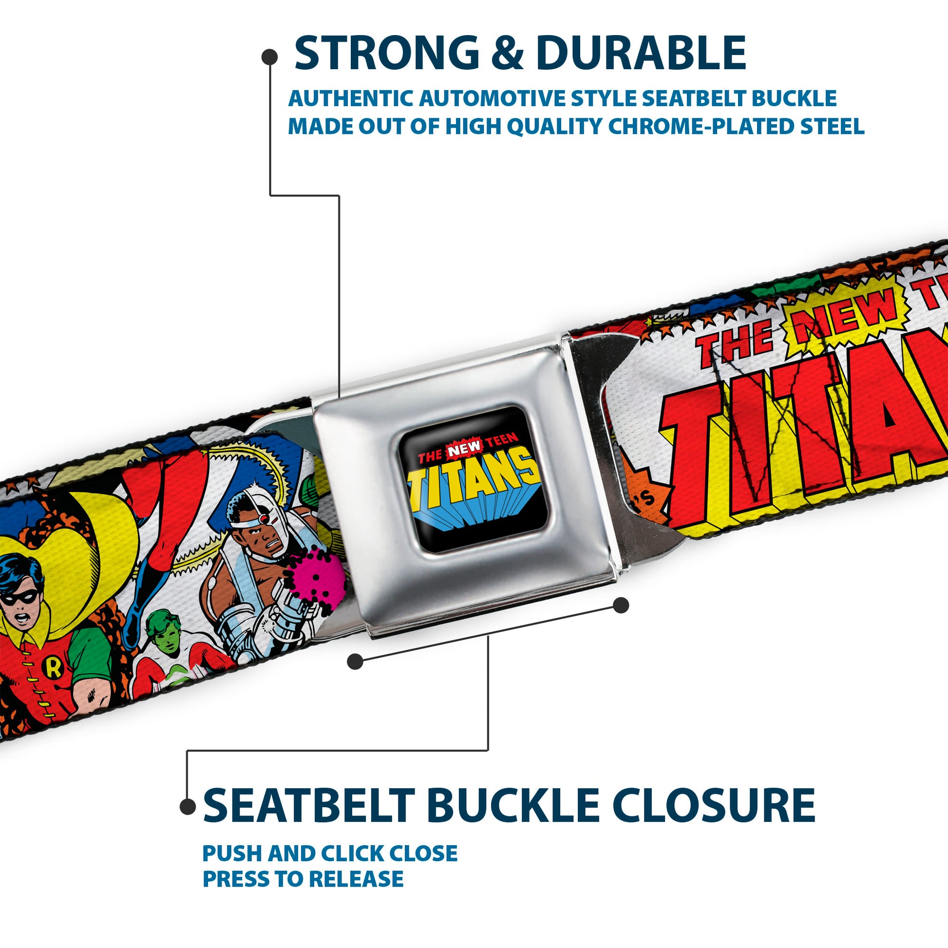 THE NEW TEEN TITANS Logo Full Color Black Red Blue Yellow Seatbelt Belt - THE NEW TEEN TITANS Issue #1 Superhero Cover Poses White Webbing Seatbelt Belts DC Comics