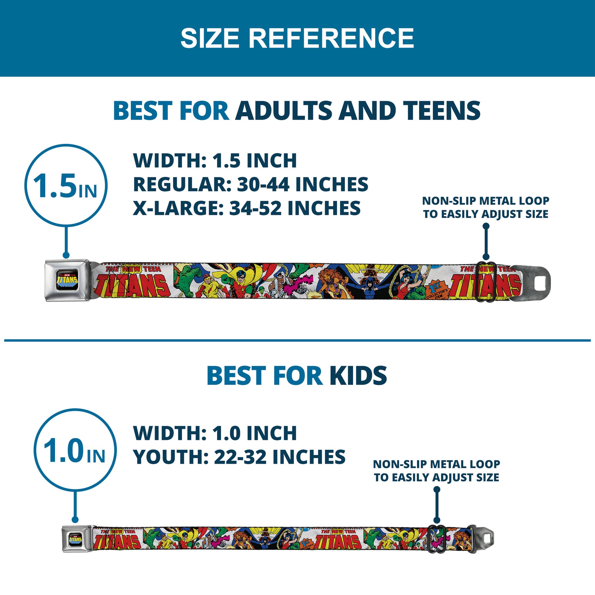 THE NEW TEEN TITANS Logo Full Color Black Red Blue Yellow Seatbelt Belt - THE NEW TEEN TITANS Issue #1 Superhero Cover Poses White Webbing Seatbelt Belts DC Comics