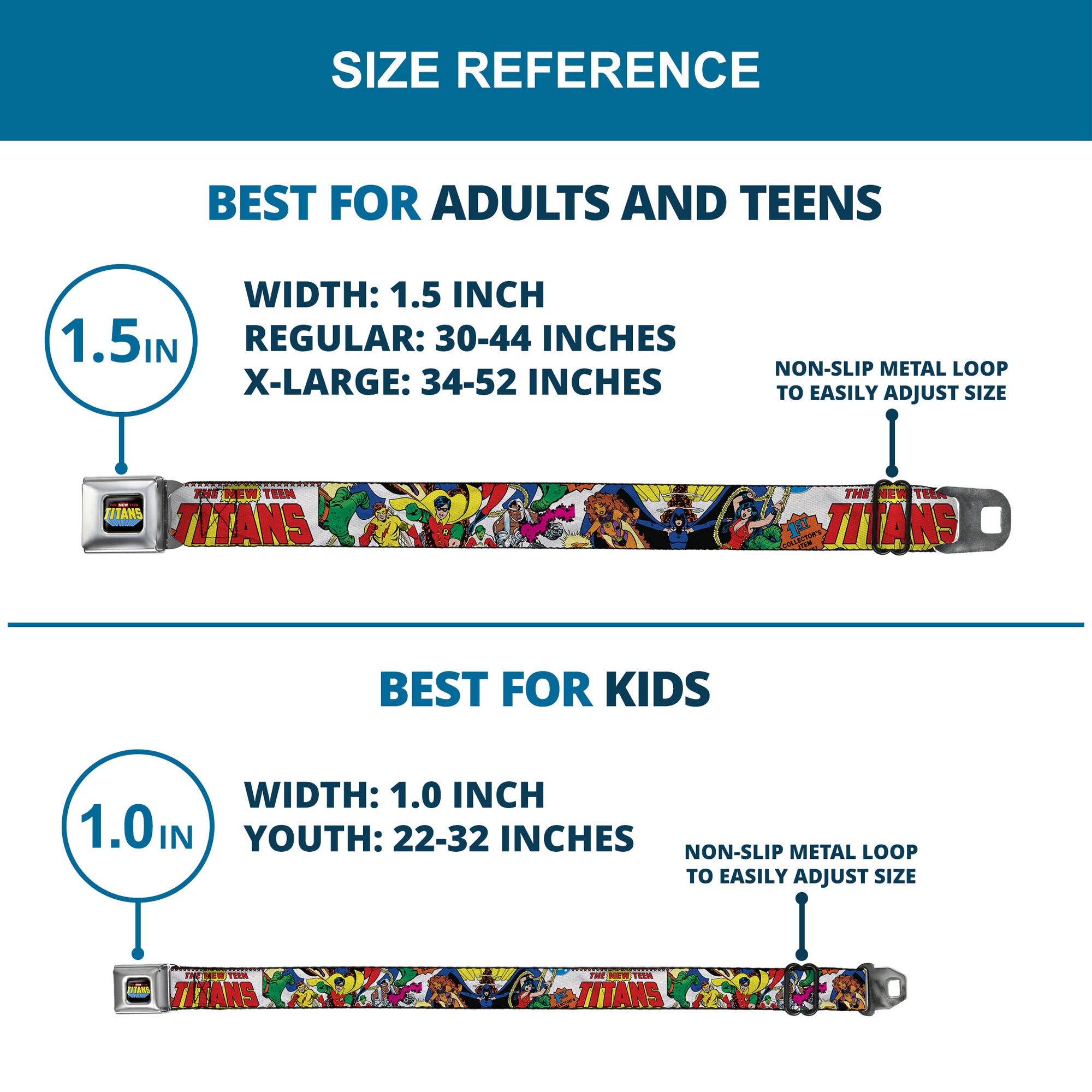 THE NEW TEEN TITANS Logo Full Color Black Red Blue Yellow Seatbelt Belt - THE NEW TEEN TITANS Issue #1 Superhero Cover Poses White Webbing Seatbelt Belts DC Comics